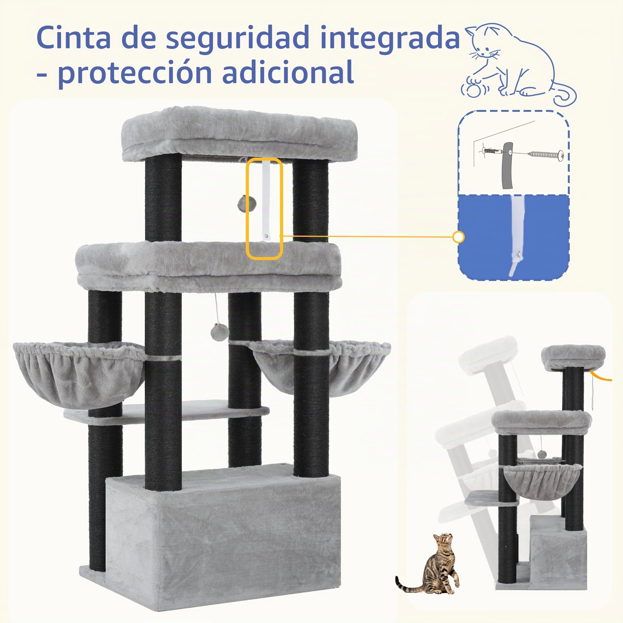 Hey-brother Rascador para Gatos, Poste de Sisal 8 cm Grosor, Cueva, MPJ02G | 130cm Árbol Rascador Para Gatos, con 2 Plataforma, 2 Cesta, Cepillo para Mascotas, para Gato de Interior, Gris Claro