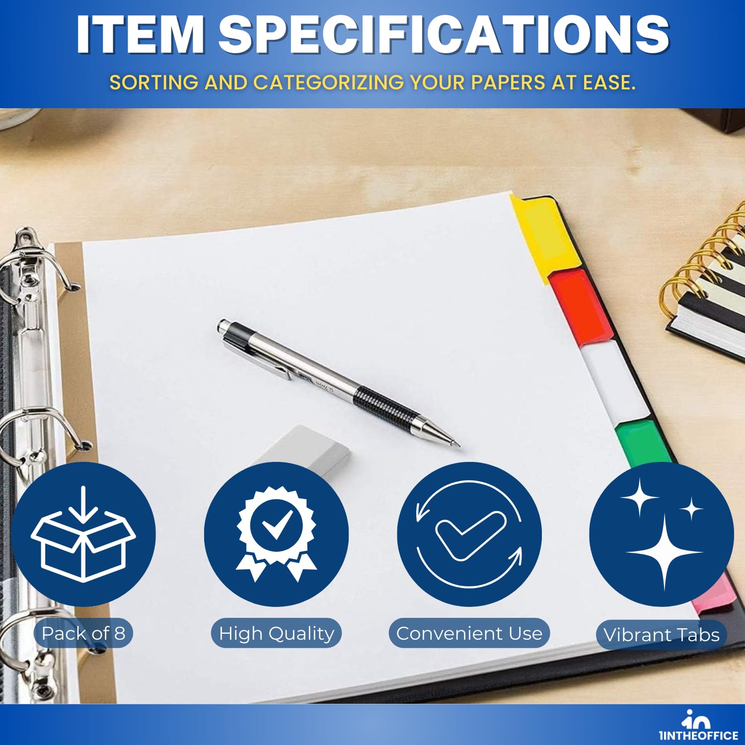 1InTheOffice Mini Binder dividers 5x8, 5 tab dividers for 3 Ring Binder Assorted Colors (Set 5 Tabs) - Image 5