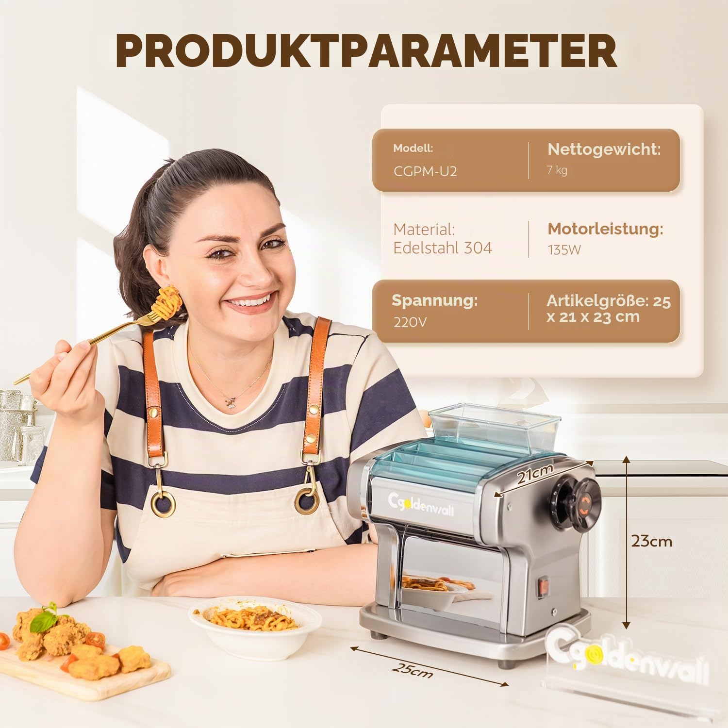 CGOLDENWALL Elektrische Nudelmaschine 135W Edelstahl Pasta Maker 2 Klingen 9 Einstellbare Stärken 0,5-5 mm