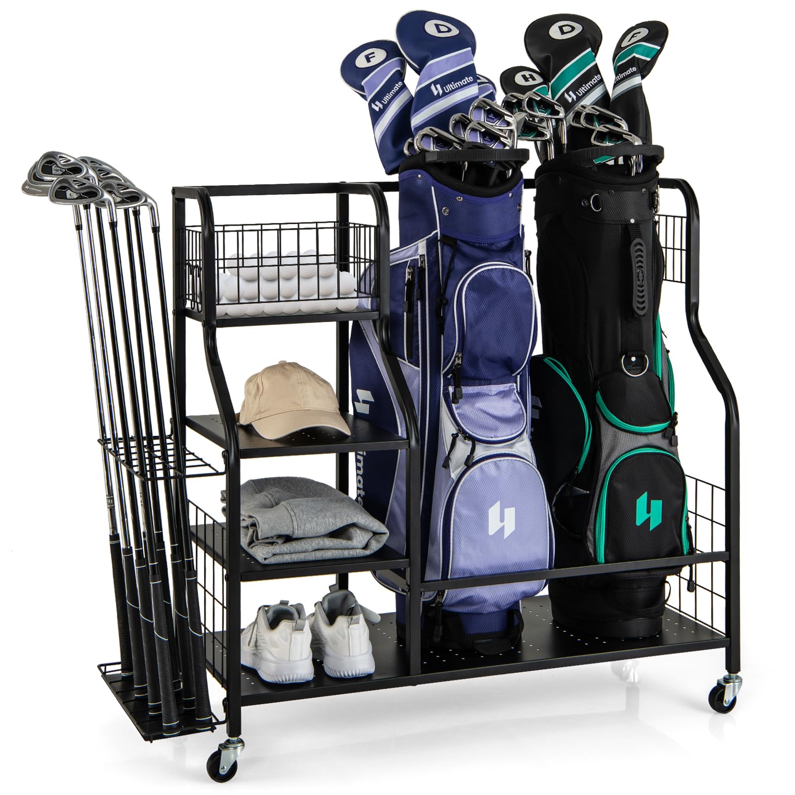 GYMAX Organisateur Rangement pour Clubs de Golf avec 4 Roues Verrouillables, Rangement de Sac et Accessoires de Golf avec Étagère et Crochets