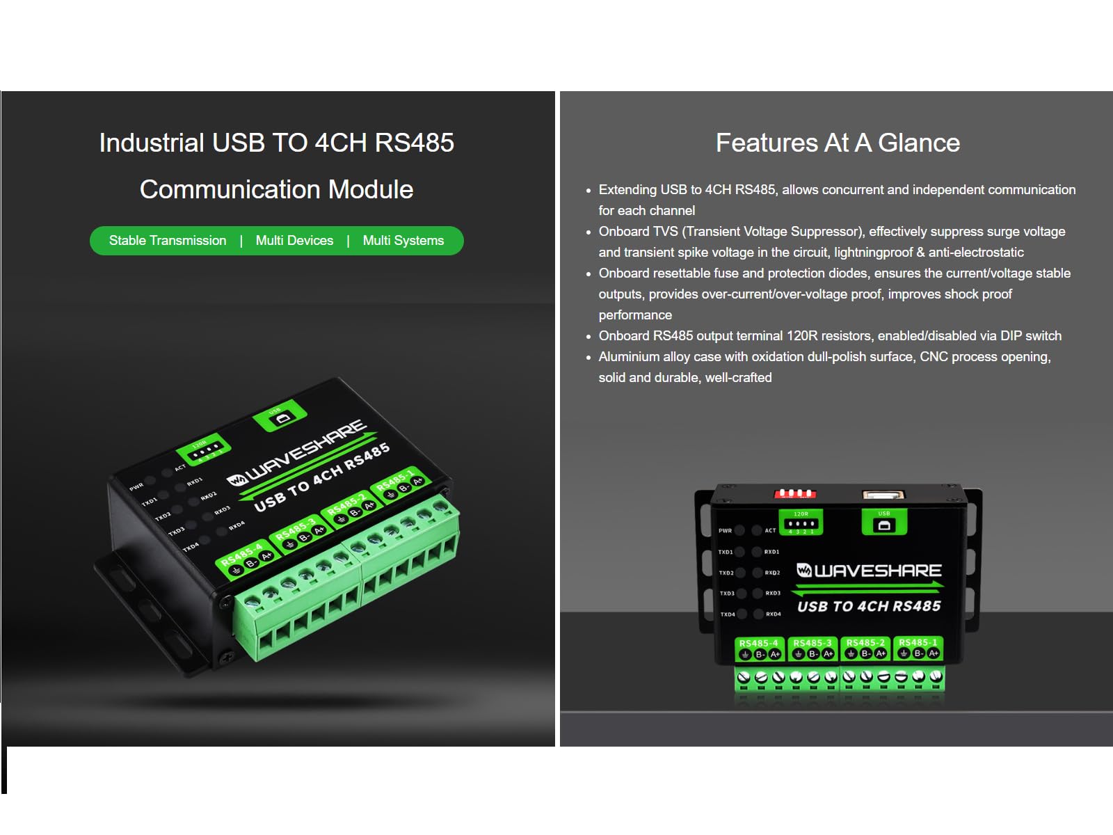 Industrial USB TO 4Ch RS485 Converter Module,Universal Serial Communication, Support 1200bps ~ 460800bps Baudrate,Multiple Protection Circuits,Compatible with Win7/8/8.1/10/11, Mac, Linux, Android