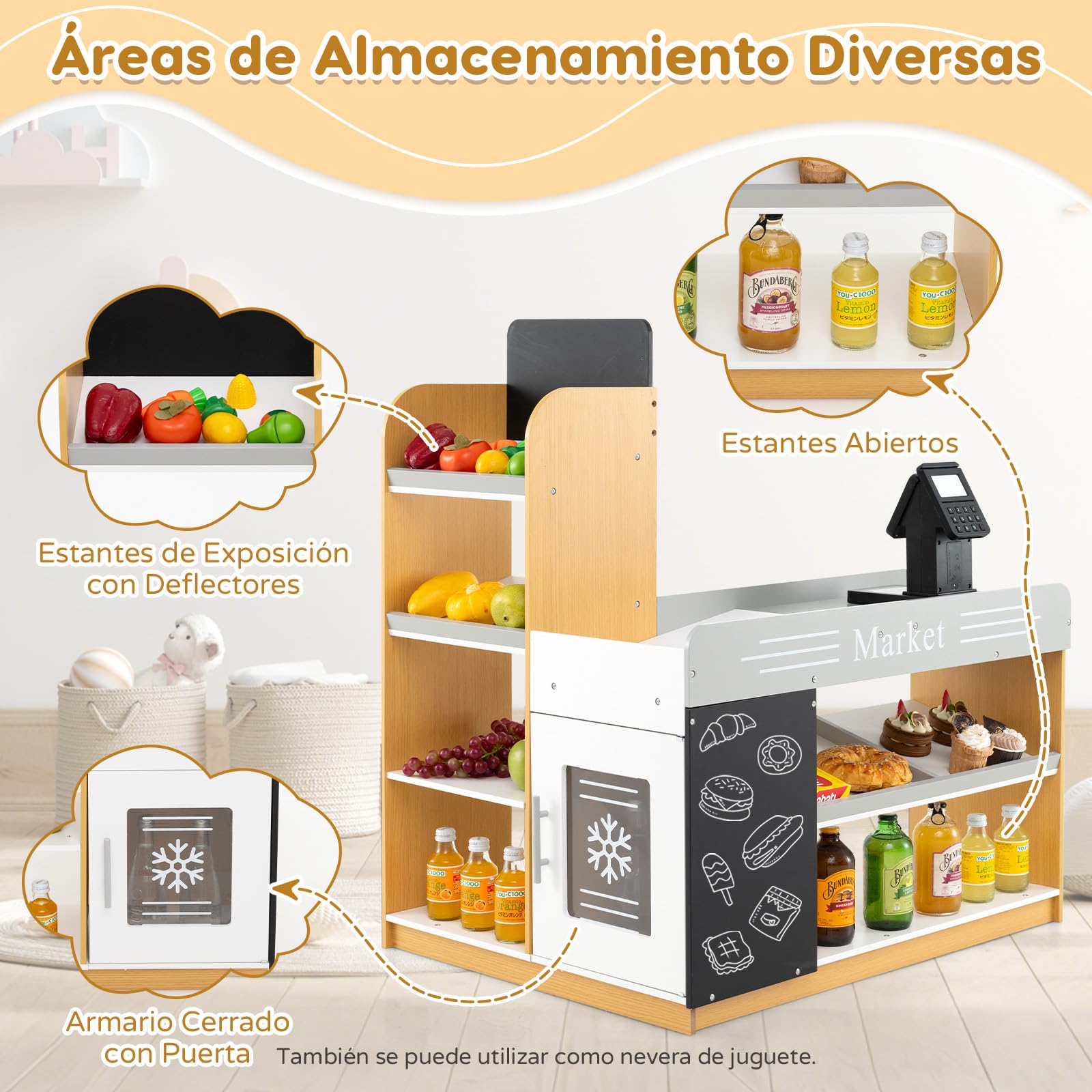 RELAX4LIFE Supermercado Juguete con Caja Registradora, Carrito de Compras, 2 Pizarras, Terminal de Tarjetas, Frigorífico y Tarjeta VIP, Supermercado de Madera con Estanterías para Niños de 3+ Años