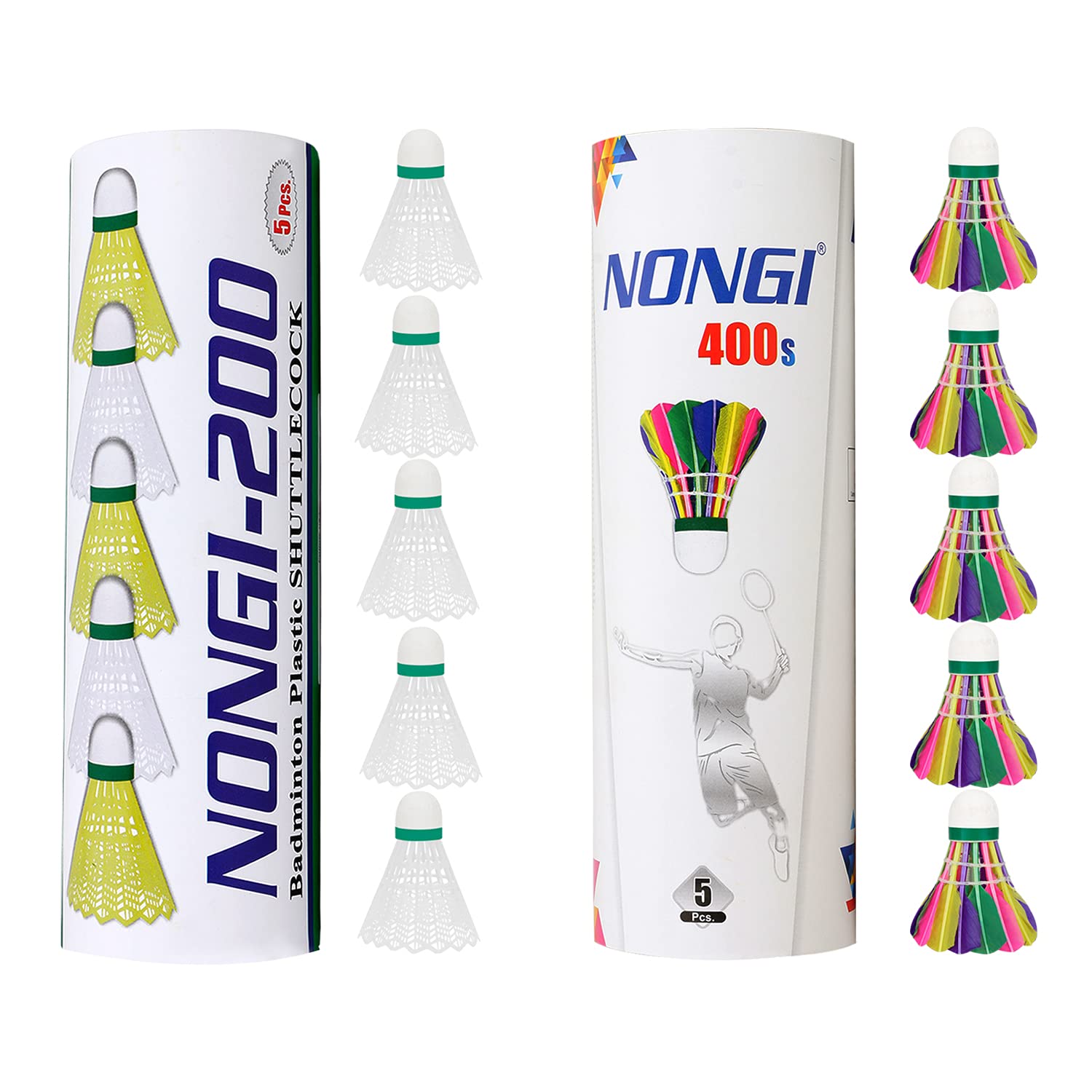 Combo Shuttle Pack of 10 Shuttlecocks 200 (5 White Plastic),400s(5 Colored Feather) for Outdoor Indoor Badminton Sports