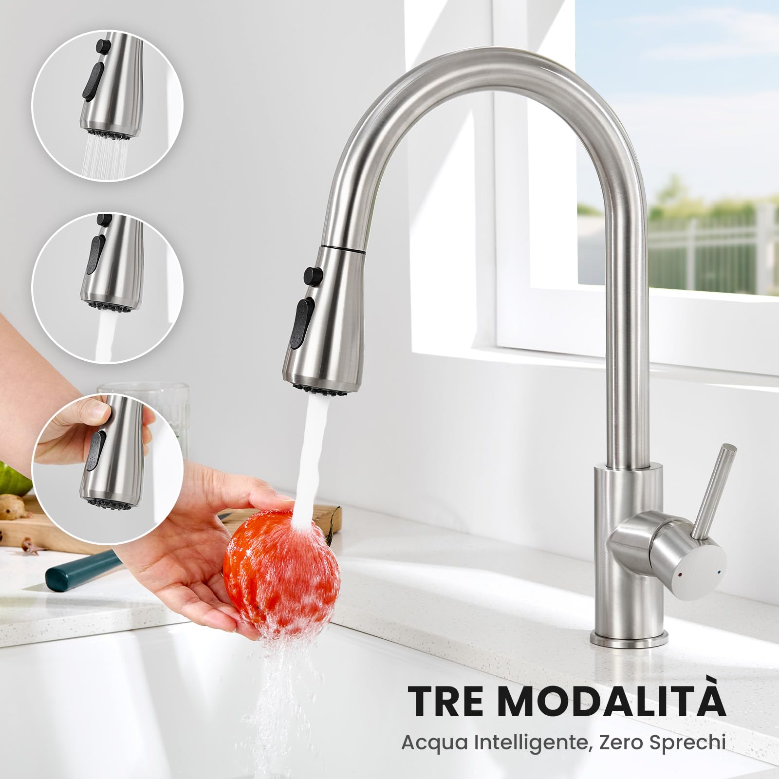 CECIPA 70x45 cm Lavello Cucina con Arco Rubinetto Cucina Estraibile, Lavandino Cucina 1 Vasca in Acciaio Inox con cestello scolapiatti, per Mobile da 70cm
