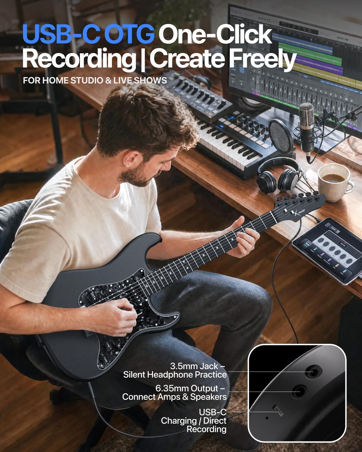 Enya XMARI Guitare électrique intelligente avec effets DSP intégrés, 4 préréglages, enregistrement USB-C OTG, sortie casque, micros en céramique personnalisés, corps en fibre de carbone, avec sac de