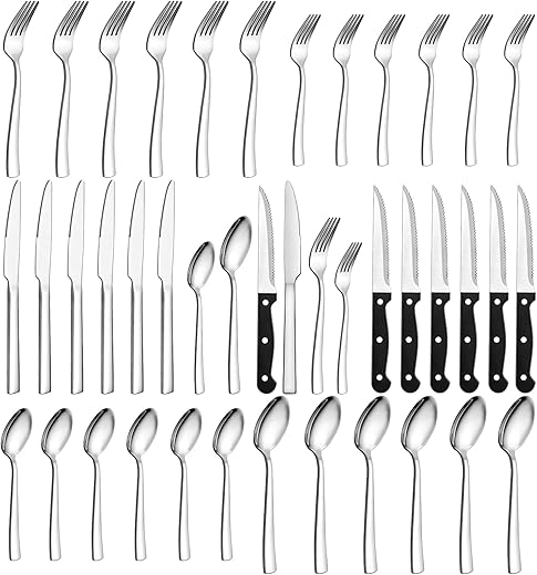 Besteck Set 36-teiliges für 6 Personen, Wildone Premium Edelstahl hochglanzpoliertes Besteck-Set, langlebiges für die Küche zu Hause, inklusive Gabel-Messer-Löffel-Set