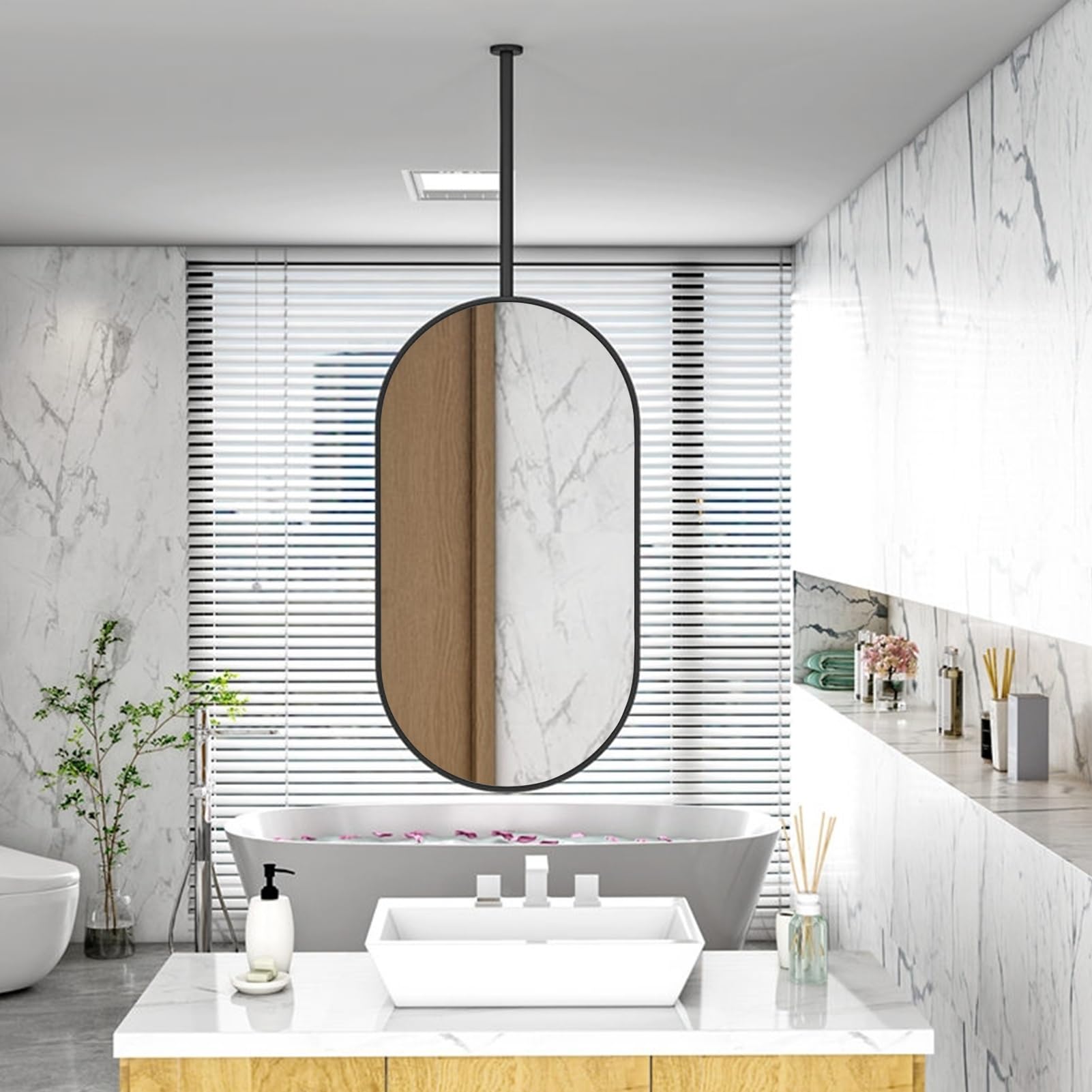 Ovaler Wandspiegel zur Deckenmontage, Badezimmer-Schminktisch mit Deckenhalterung, dekorativer Hängespiegel mit schwarzem Metallrahmen – Halterung individuell anpassbar (Größe: 40 cm x 70 cm)