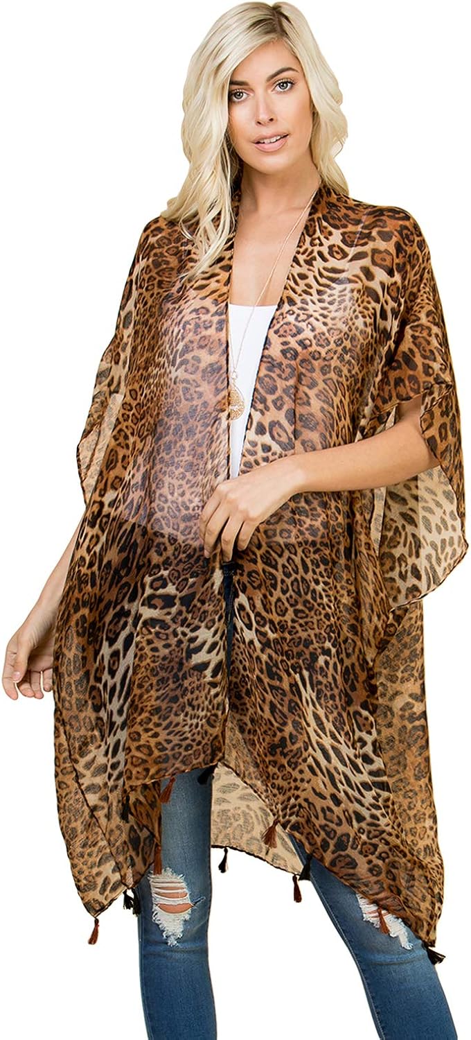 Exotic Animal Print Sheer Light Bikini Swim Cover Up Shawl - Kaftan Open Kimono Cardigan, Long Vest Leopard Tiger Cheetah