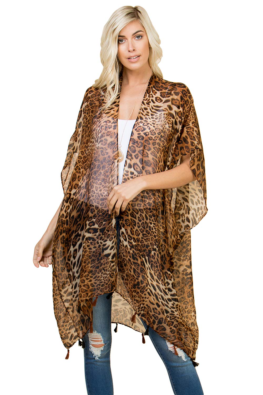 RIAH FASHIONExotic Animal Print Sheer Light Bikini Swim Cover Up Shawl - Kaftan Open Kimono Cardigan, Long Vest Leopard Tiger Cheetah