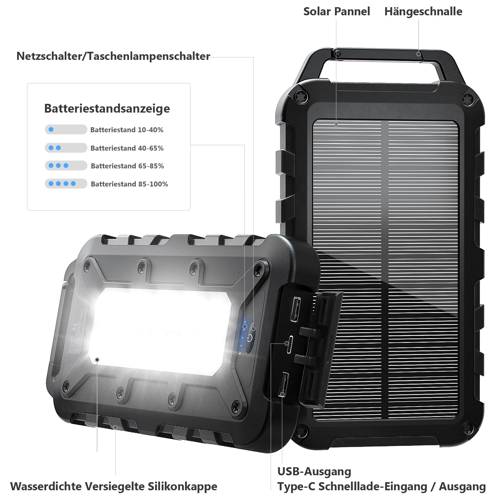 Solar Powerbank 10000mAh PD 22.5W Tragbares Solar Ladegerät USB C Outdoor Wasserdicht Externer Akku mit LED-Licht und 3 Ausgängen für Tablets Smartphones Outdoor Camping Schwarz