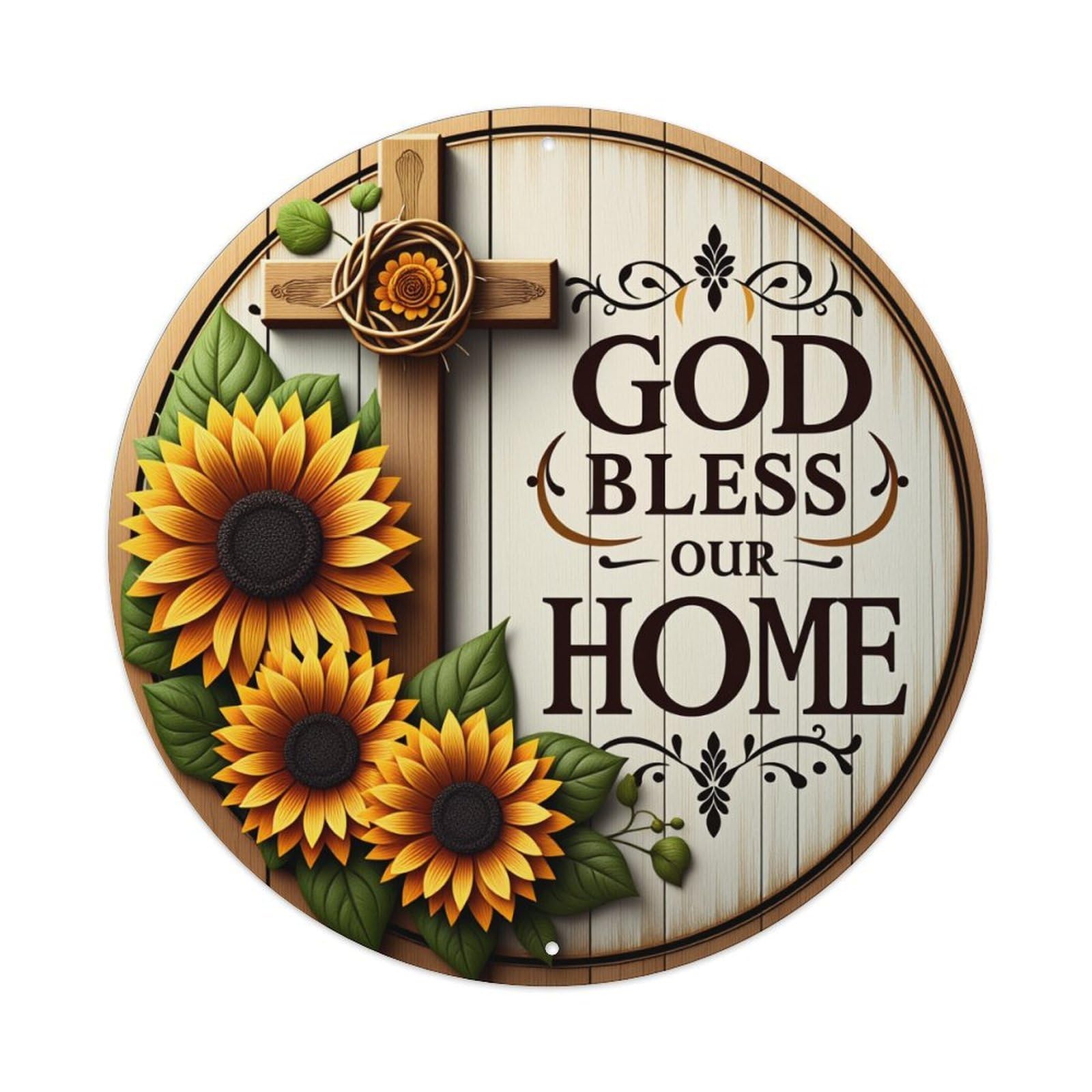 God Bless Our Home Sunflower Cross Metal Tin Sign Vintage Garden Bedroom Cafe Bar Man Cave Home Wall Decor Metal Poster 8x8 inches