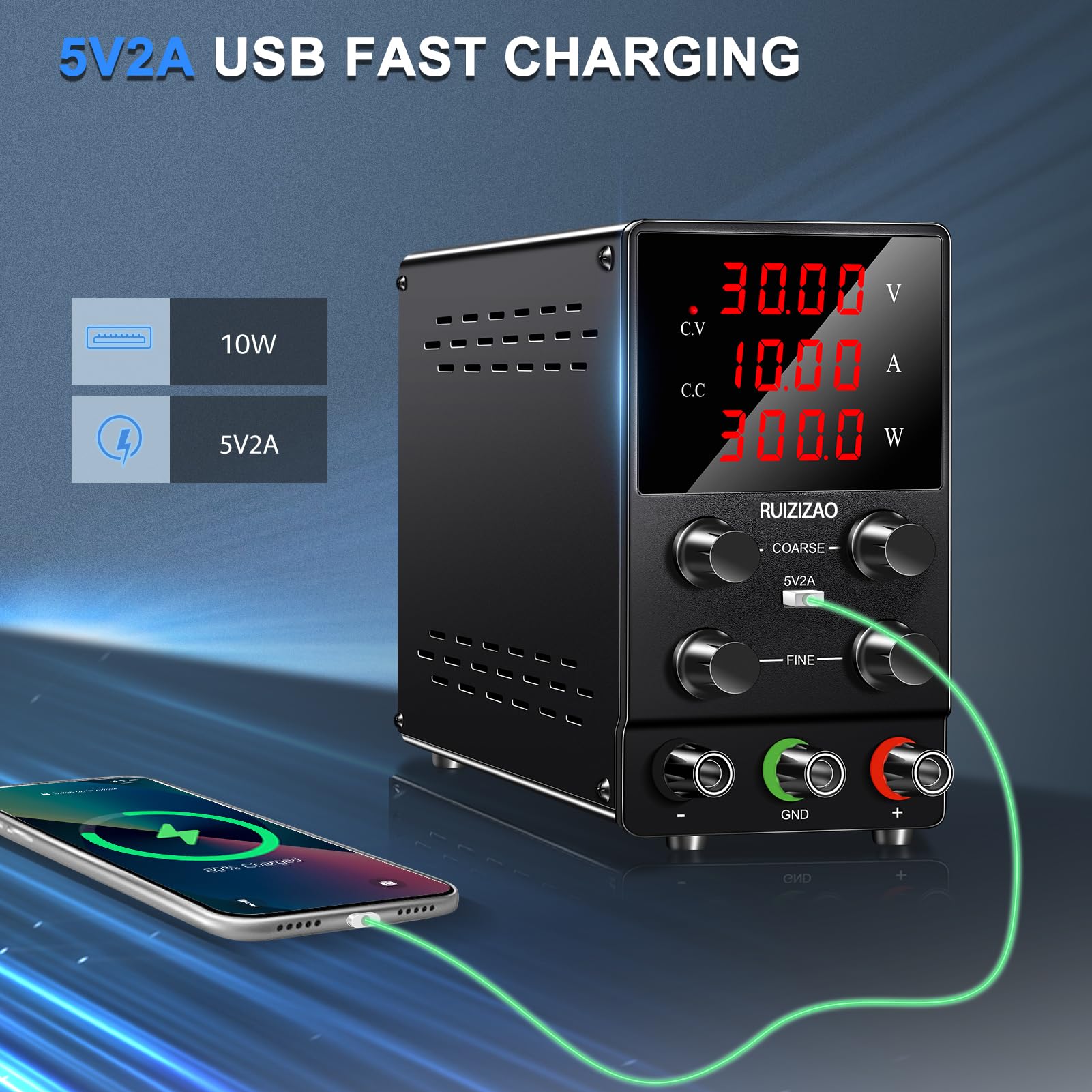 RUZIZAO Regelbare voeding, 30 V, 10 A, laboratoriumvoeding met 4-cijferige led-display en USB-aansluiting, nauwkeurige regeling van de stroomvoorziening en stabiele uitgang