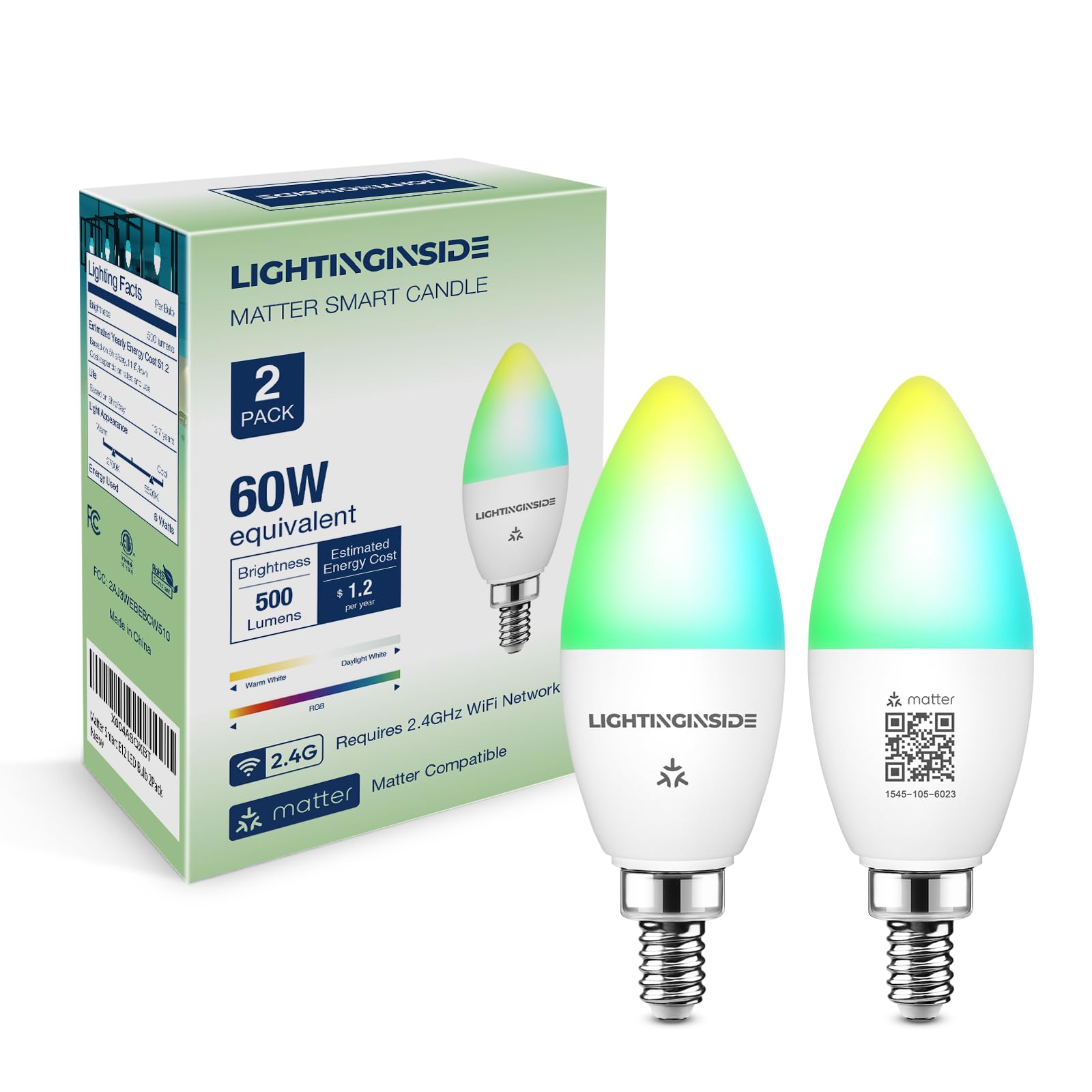 Lightinginside Matter Candelabra Smart Light Bulbs 60W Equivalent, 500LM 6W E12 LED Bulb Compatible with Alexa/Siri/Apple Home/Google Home/SmartThings, RGBCW Candle Bulb, 2.4G WiFi, ETL Listed, 2PCS