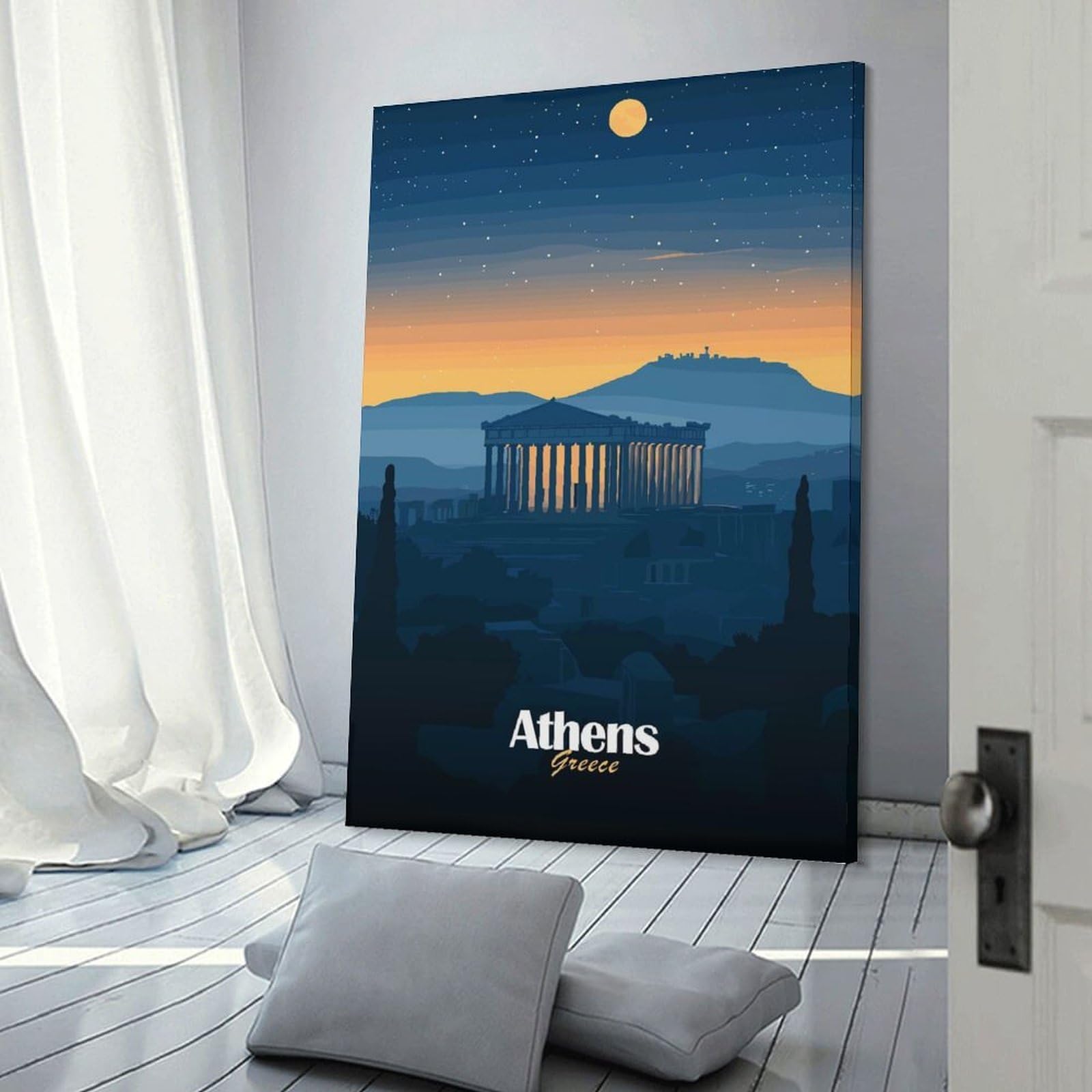 Junmoney Athens Skyline at Night Canvas Wall Art 08x12inch(20x30cm), for Wall Displays, Bedrooms Or Room Updates, Ideal for Building A Coordinated Art Wall