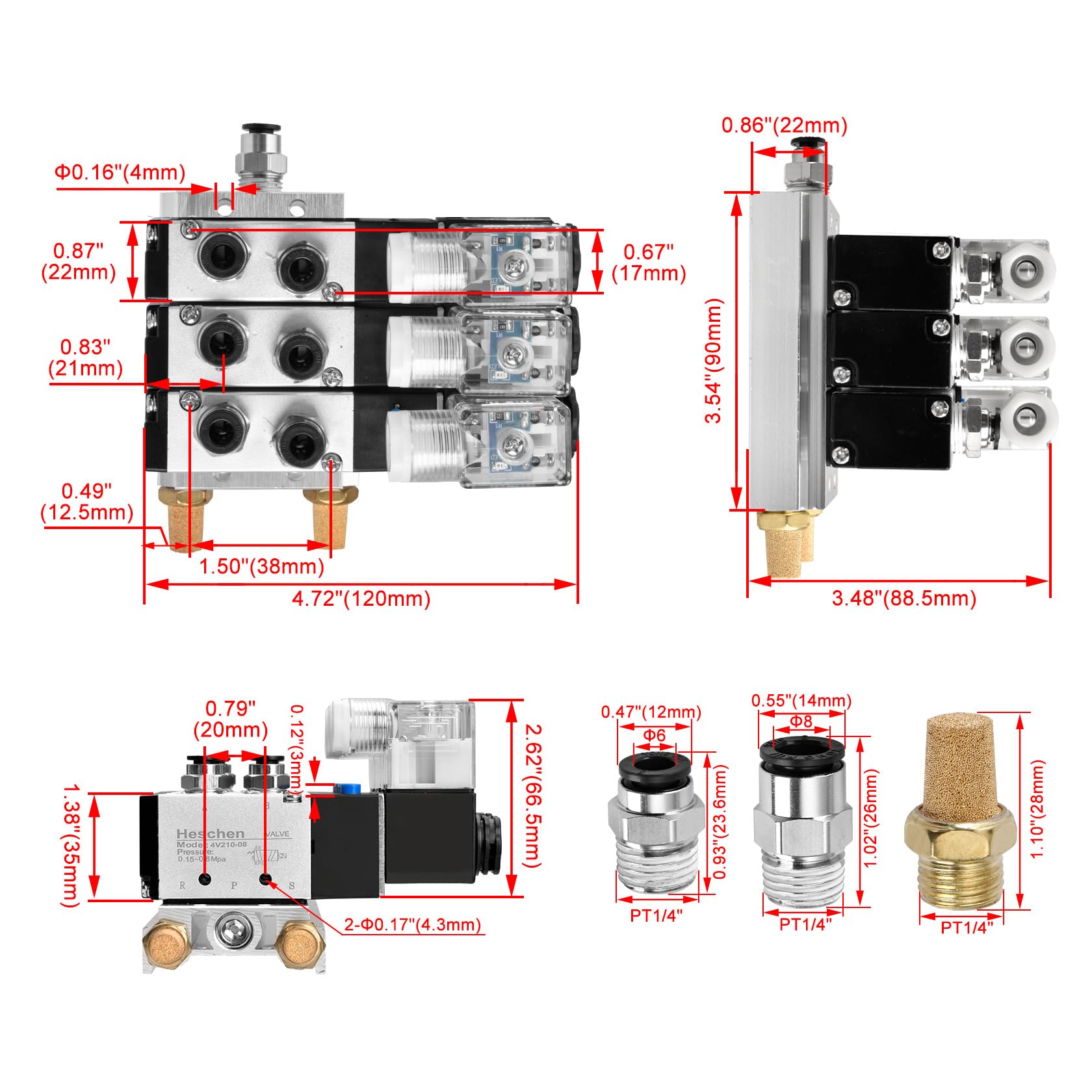 Heschen Eléctrica neumática triple válvula solenoide 4V210-08, AC220V, PT1/4'', 5 vías 2 posiciones, Manifold Base Silenciador Rápido Accesorios Conjunto