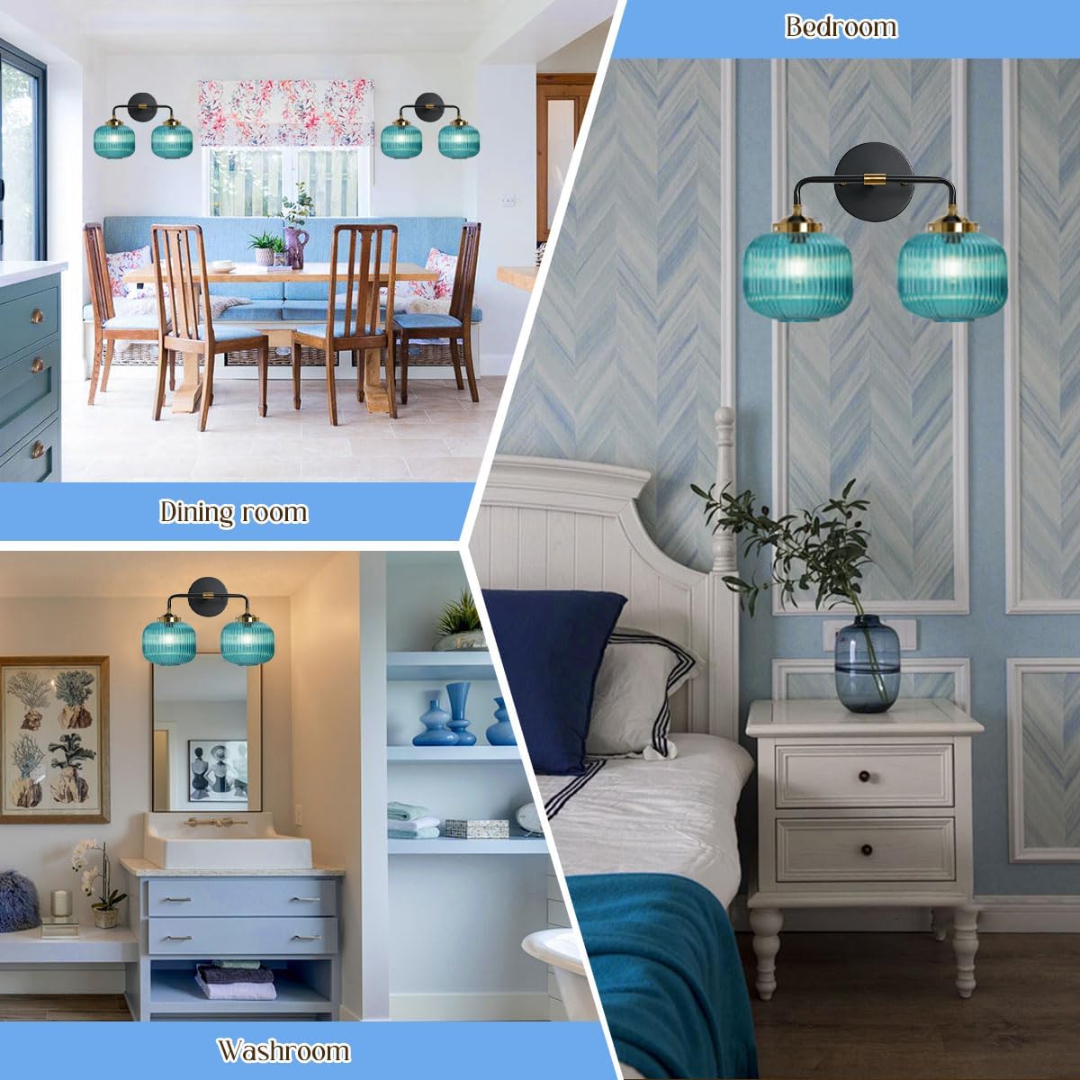 Bathroom Mirror Vanity Light Fixture 2 Lights Blue Globe Shade Vintage Glass Wall Light fixtures Black Gold Bathroom Lights Modern Retro Wall Sconce for Above Kitchen Sink Bedroom
