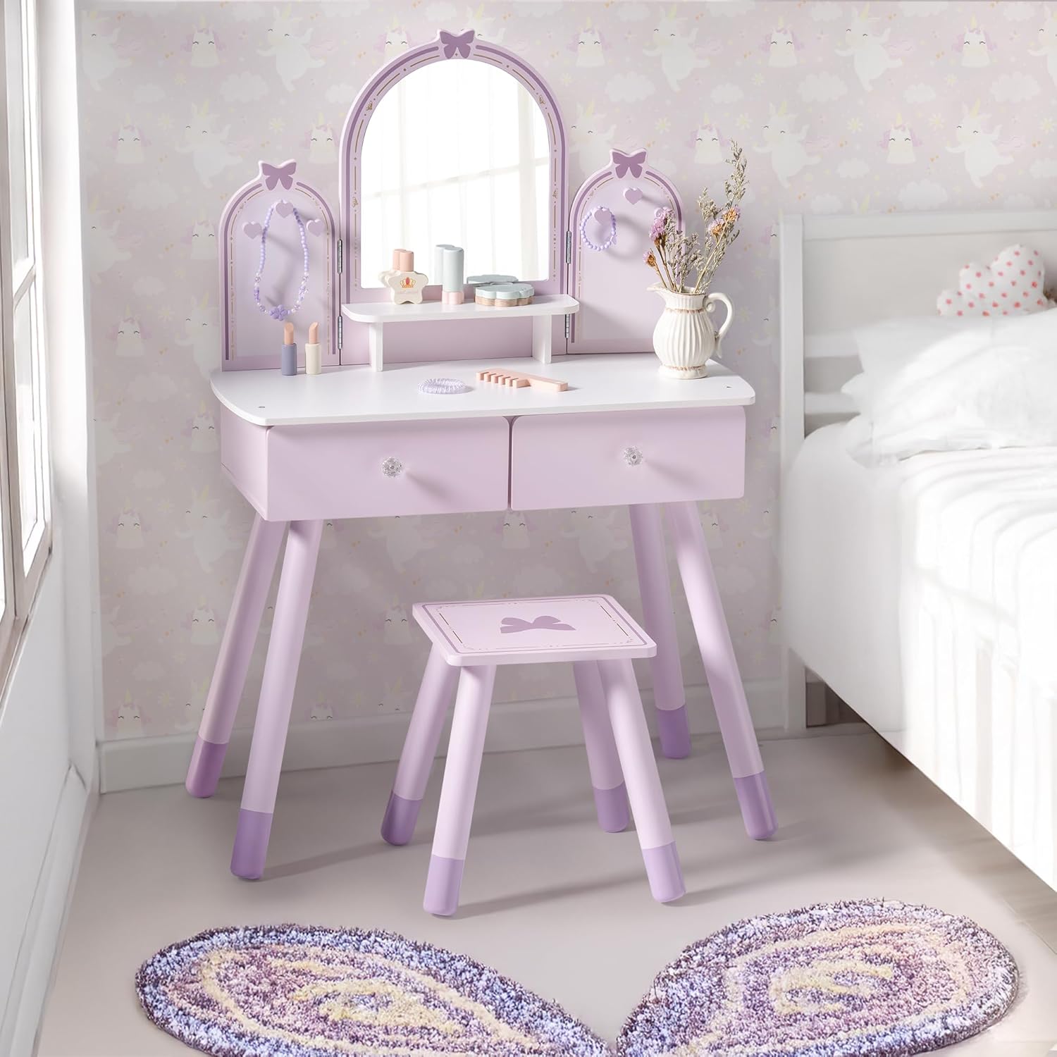 ROBUD Kids Vanity Table and Chair Set, Girls Vanity Set with Mirror, Pretend Play Kids Vanity, Makeup Dressing Table with Drawer and Accessories, Age 3+ (Purple)