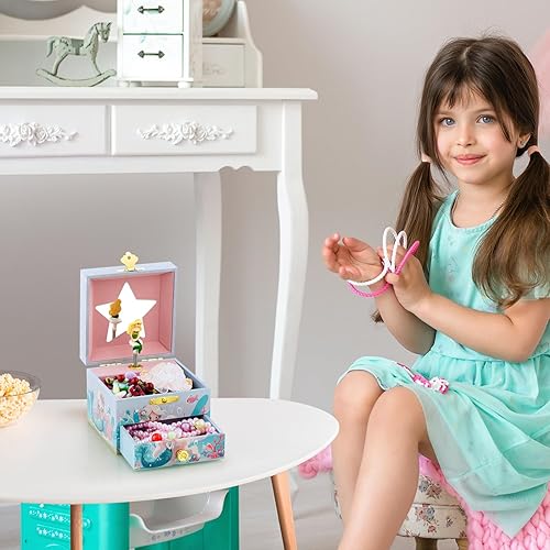 Miniatura 7 de RR ROUND RICH DESIGN Joyero musical para niños para niñas, incluye cajón y bonito juego de joyas con bonito tema de sirena, hermoso tono de ensueño