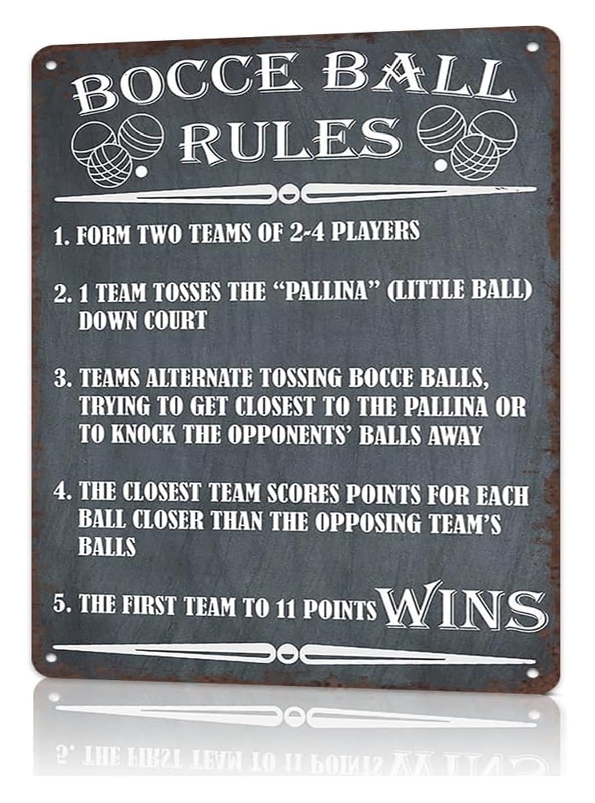 BYLSAGWHT Vintage Bocce Ball Regulations Tin Sign Sports Scoring Poster for Backyard Lawn Game Area Patio Poolside Deck 8 X 12 inch