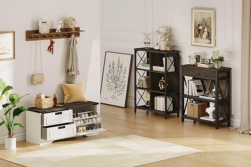 FATORRI Bookshelf with Drawer and Storage Bench and 6 Cube