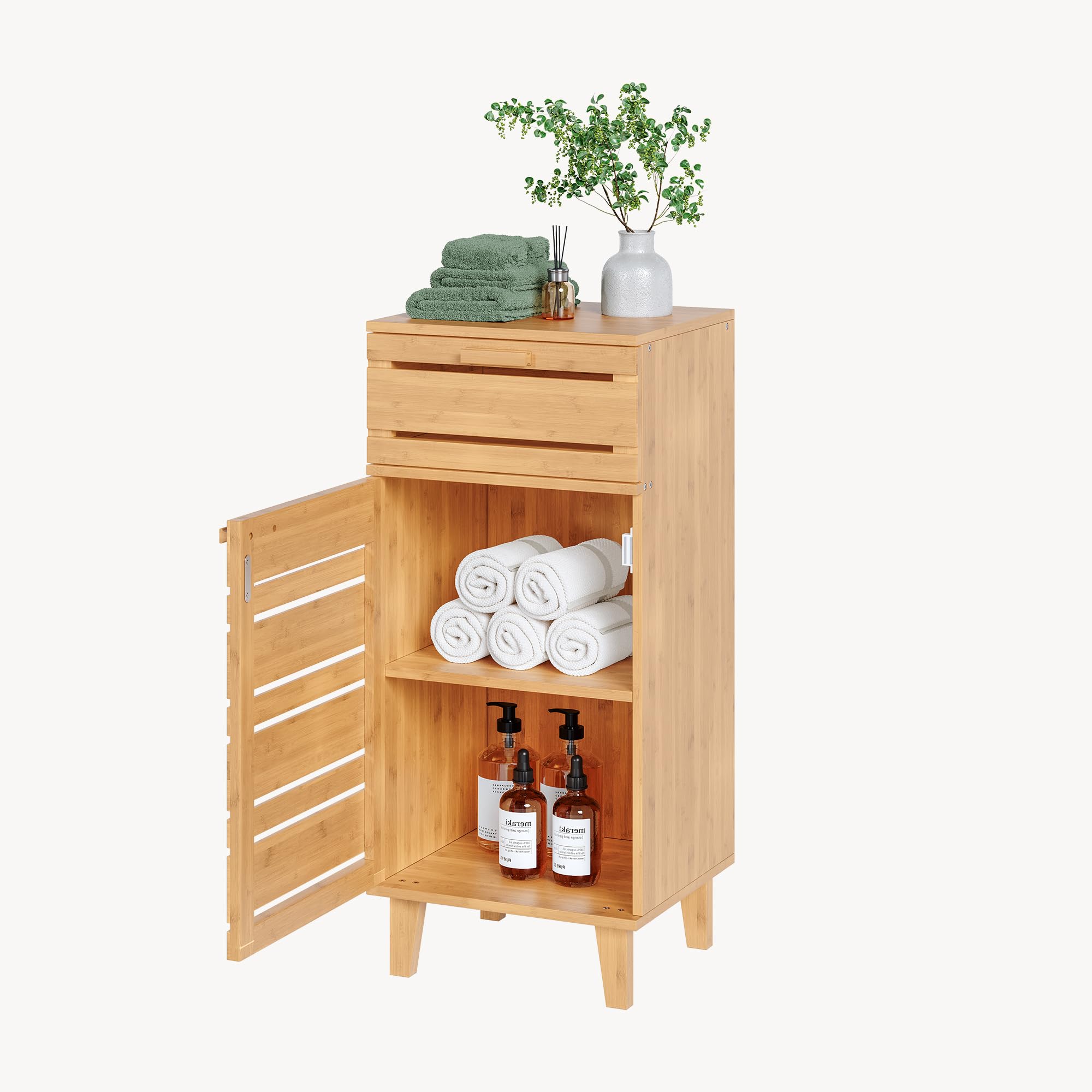 [en.casa] Aparador para Baño Epind Mueble Auxilar de Baño con 1 Puerta y 1 Cajón Armario Bajo 75 x 33 x 30 cm Bambú - Natural