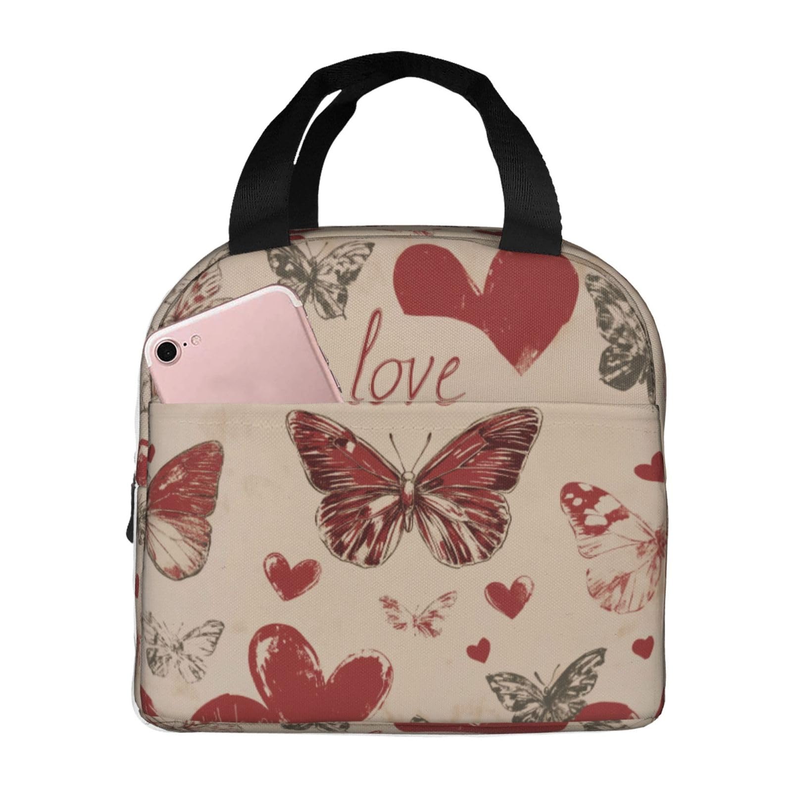 Mexpekil Lunch Bag for Travel Work Picnic, Valentine's Day Butterfly and Love Hearts Sketch Pattern Reusable Bento Box Lunch Tote Bag, Handbags Case High Capacity for Kids and Adults