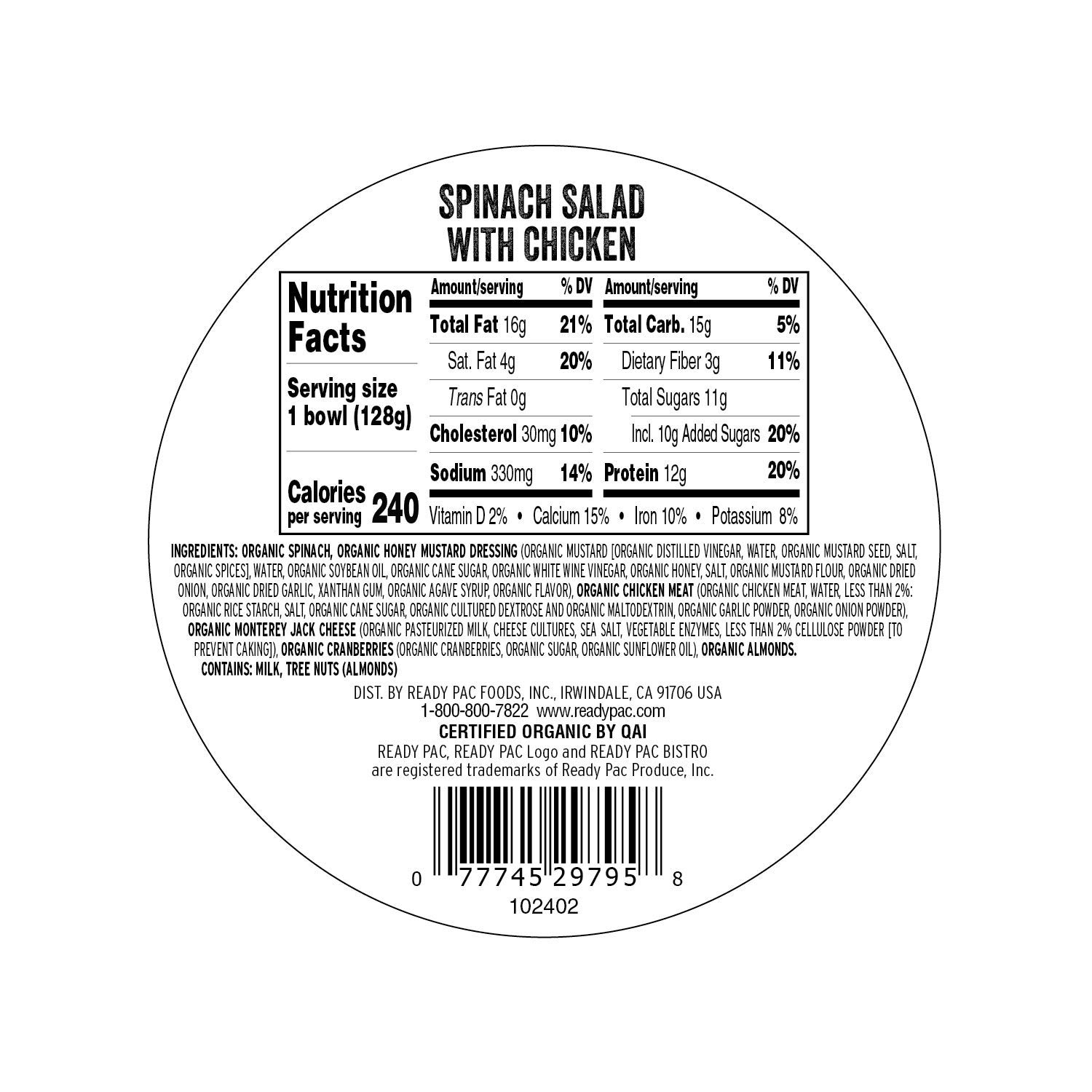 Organic Bistro Spinach Salad with Chicken, 4.5 oz