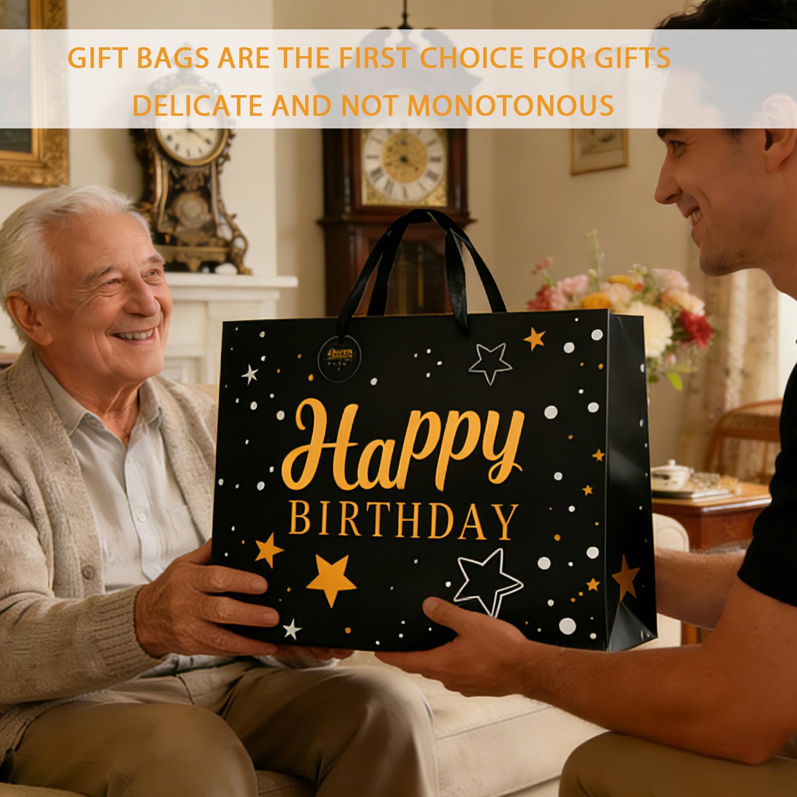 LUCTHY Large Birthday Gift Bag with Handles, 3 Tissue Papers, Card, Black-1 - Image 7