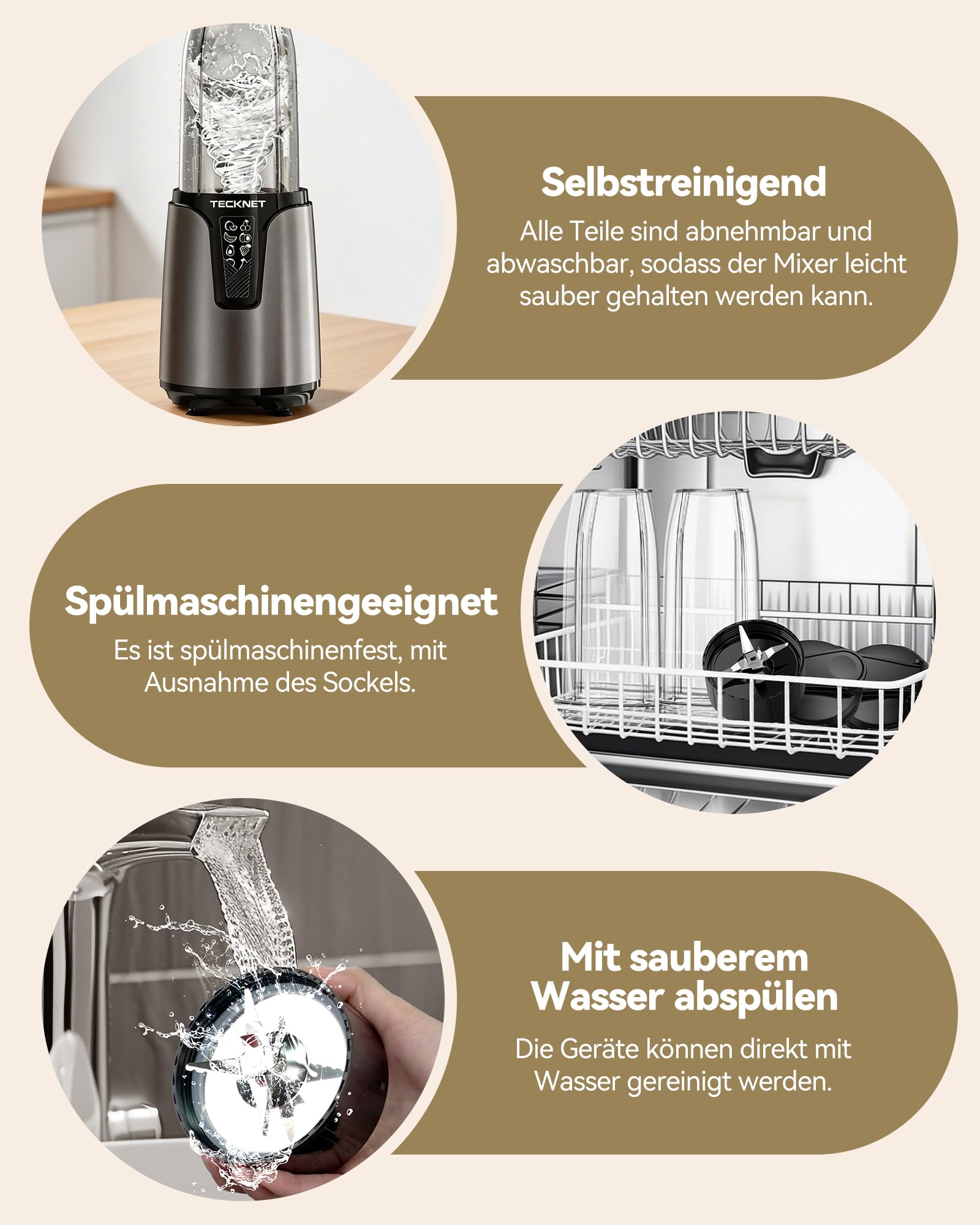 TECKNET 1000W Smoothie Maker, Standmixer mit 2 BPA-freie 600ml Tragbare Becher, Klein mit Kreuzklingen aus Edelstahl 304, Leicht zu Reinigen, Blender Elektrisch für Shake, Smoothie & Babynahrung