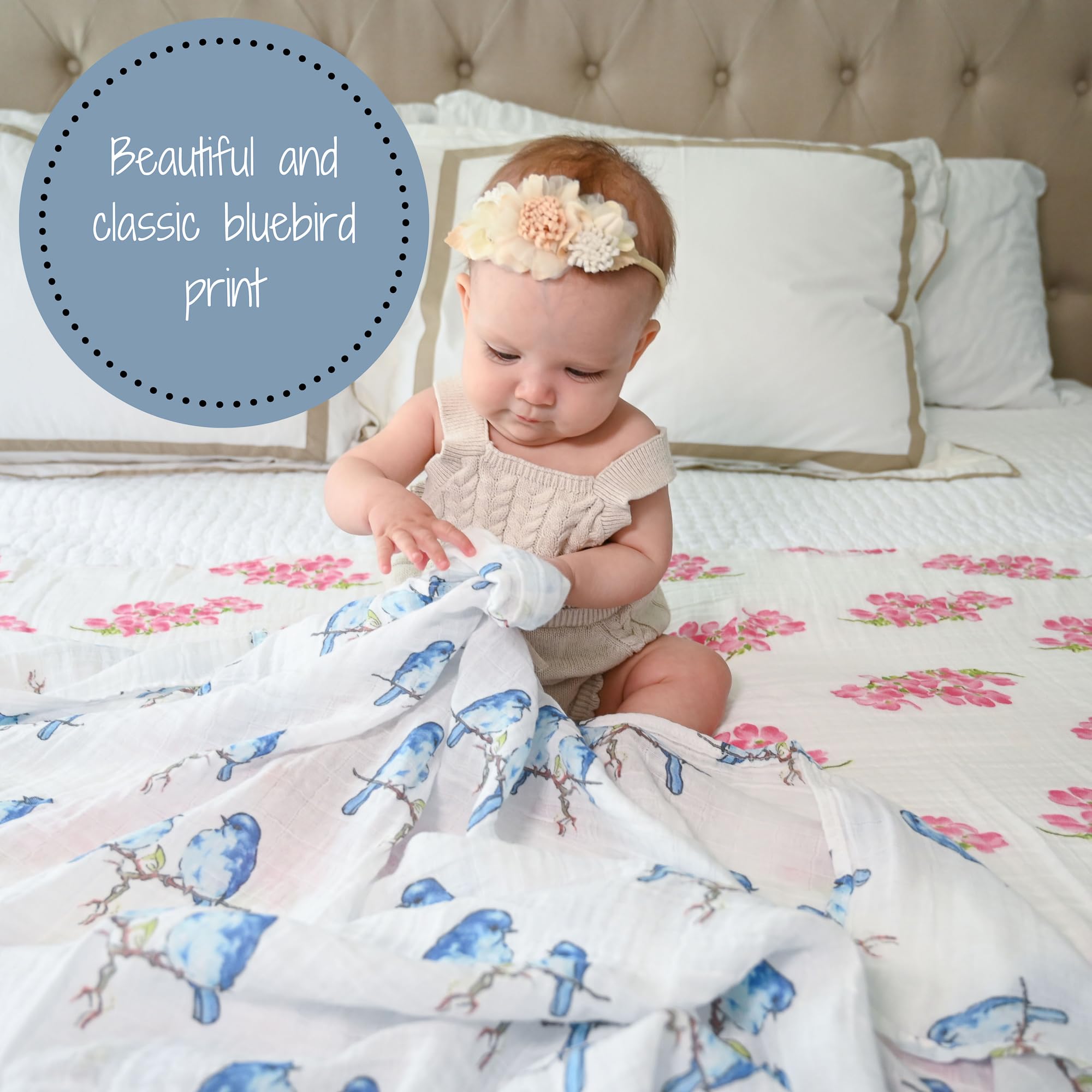 LollyBanks Manta para envolver | 100% algodón de muselina | Esenciales para recién nacidos y bebés para niñas, registro | Estampado de pájaros azules
