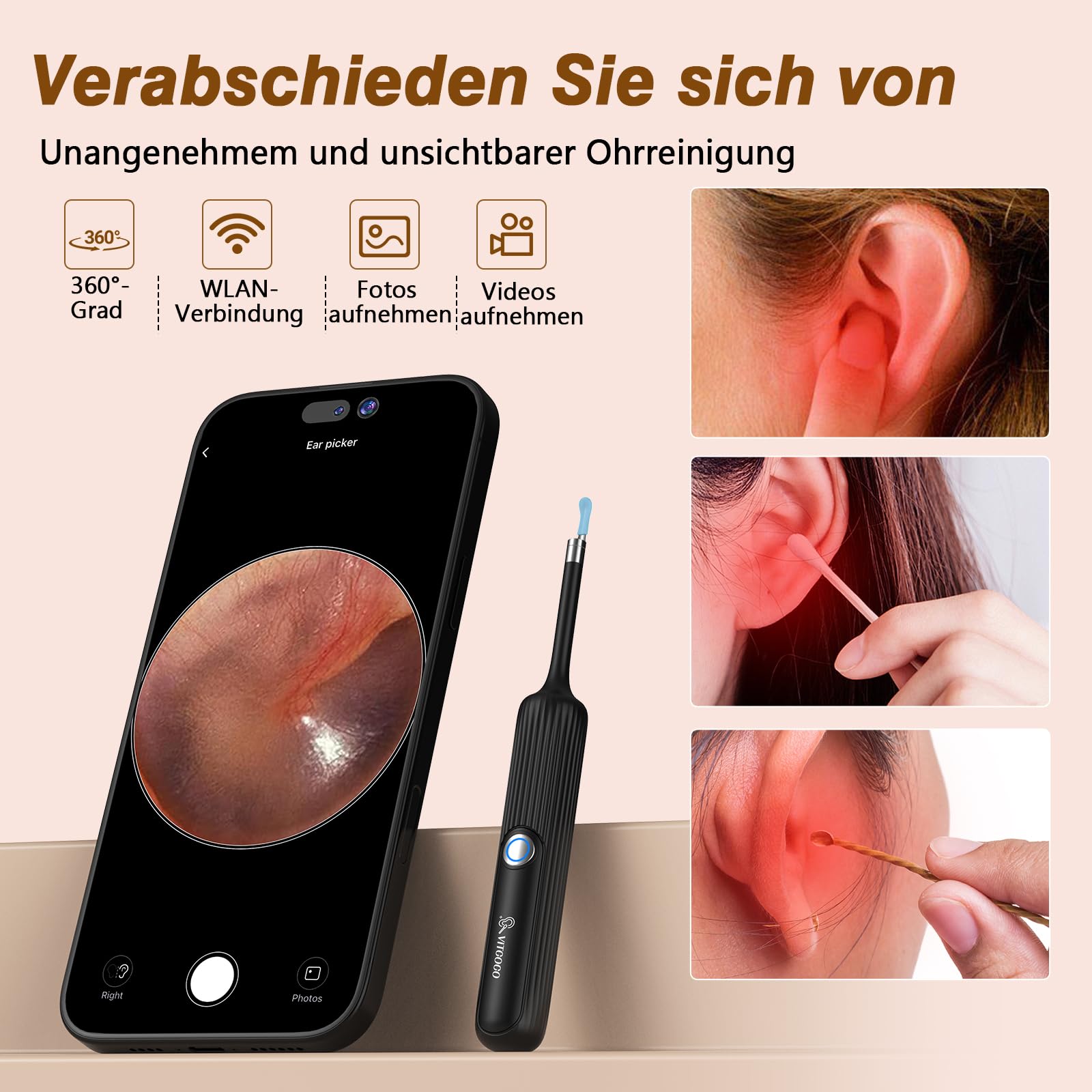 Ohrenschmalz Entferner Otoskop, VITCOCO Flexibel 1080P Wi-Fi Ohrreiniger, 3.1mm Ohrreiniger mit Pinzette, Wasserdicht Ohrenreiniger für Erwachsene, Kinder und Haustier