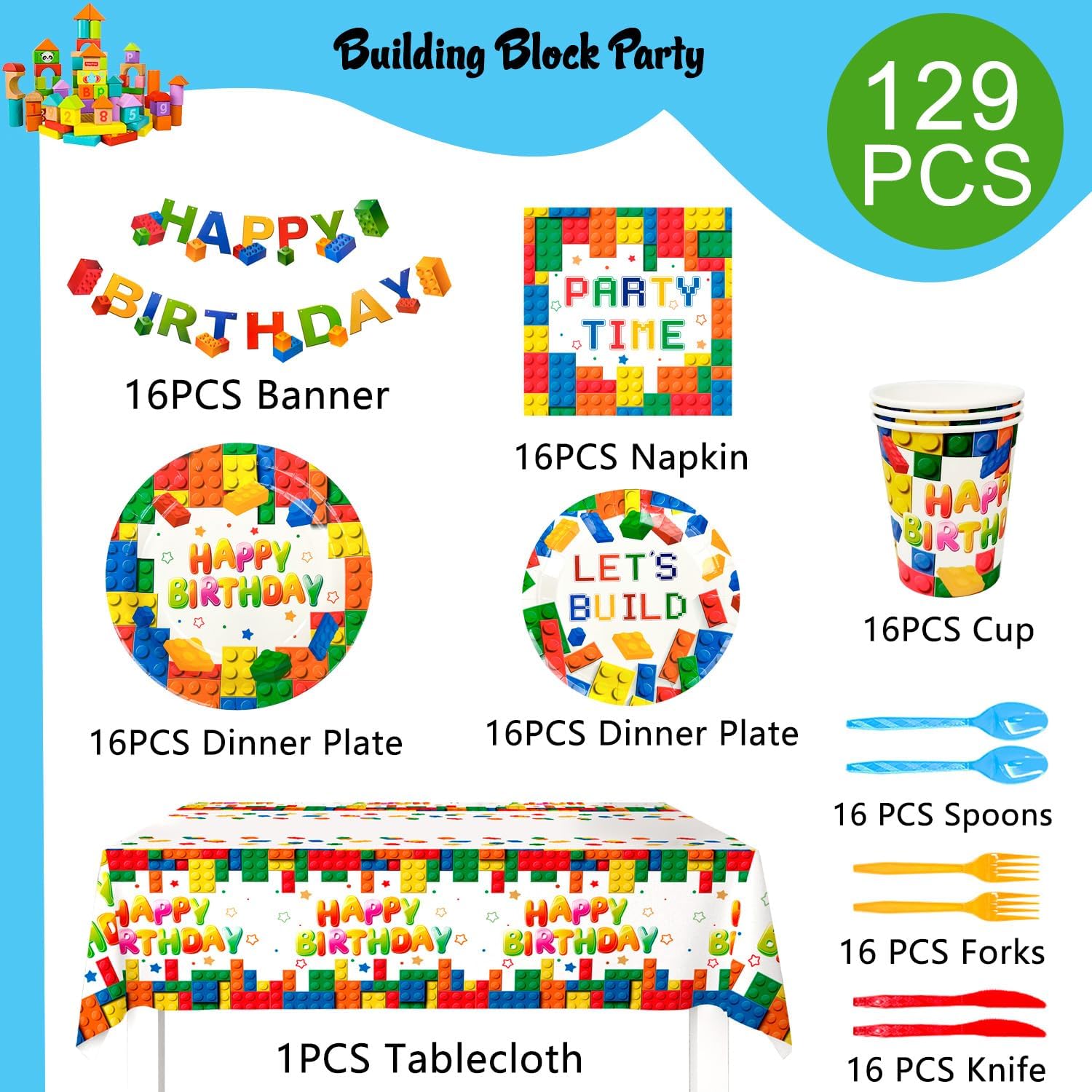 Building Block Party Decorations, 16 Guests Building Block Party Tableware Set Plates Napkins Cups Tablecloth Banner for Colorful Building Block Birthday Party Decorations