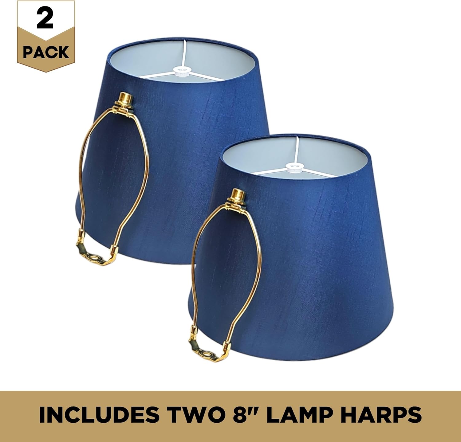 Royal Designs, Inc. Set of 2 Deep Empire Hardback Lamp Shade for Table Lamp, Silk Fabric, HB-646-13NBLU-2, 8 x 13 x 9 in (Top x Bottom x Height), Navy Blue, Includes Set of 2 Lamp Harp Holders