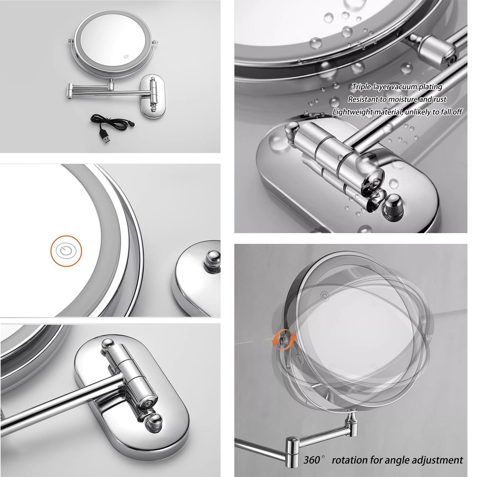 Specchio Trucco Con Luci Da Parete Oro Bagno Ingranditore Da Muro 5x/1x Con Braccio Estensibile Rotazione A 360° Bifacciale Braccio Telescopico Regolabile Modalità Luce A Tre Colori(Gold)