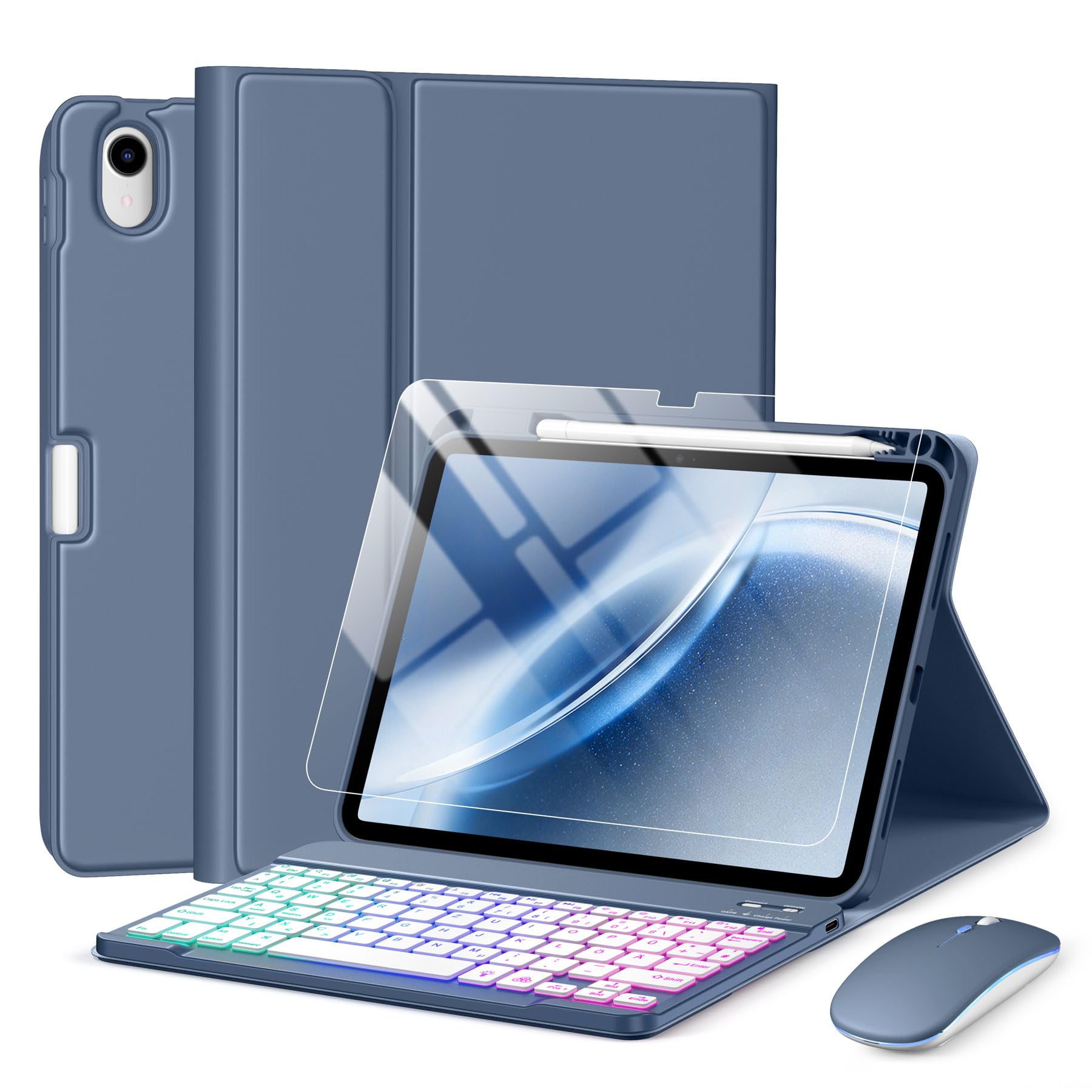 drivego Tastatur Hülle mit Maus for iPad A16 11/10 Generation (11/10.9 Zoll 2025/2022), Bluetooth Magnetisch Beleuchtete Keyboard, Hülle mit Panzerglas Schutzfolie for iPad 11. 10. Gen, Blau Grau