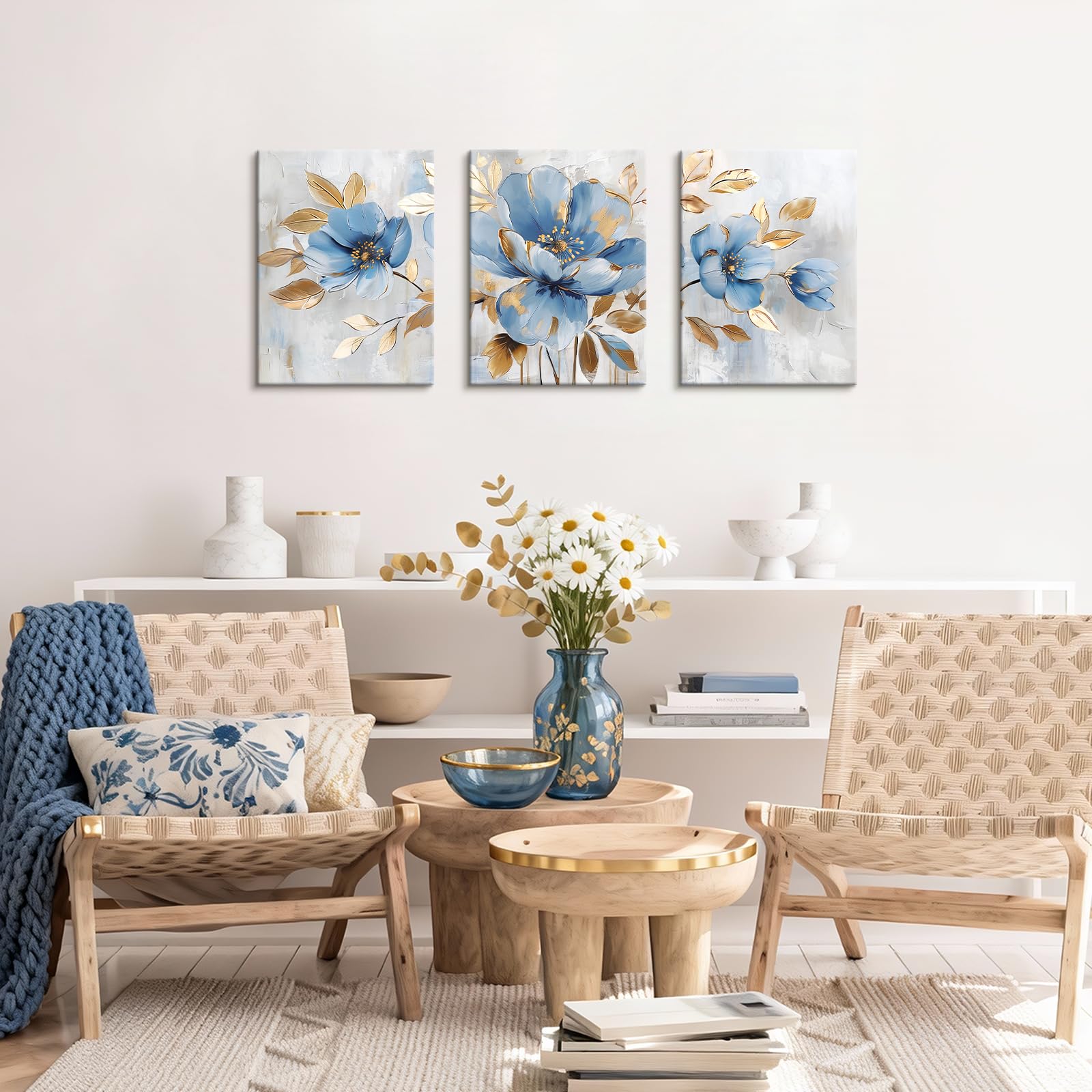 Quadro Astratto Moderno 3 Pezzi Su Tela - Dipinti Con Oro E Blu, Decorazione Da Parete Per Soggiorno, Camera Da Letto, 61x142 Cm Complessivi - 3