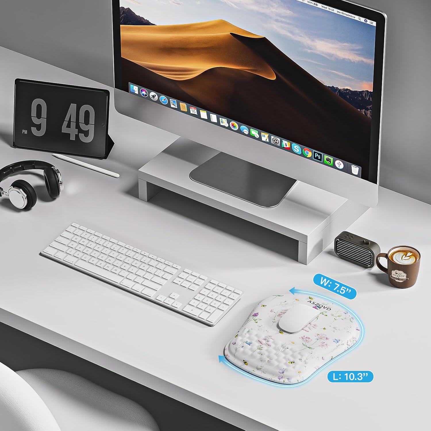 Mouse Pad with Wrist Rest, Ergonomic Mousepads with Wrist Support, Soft Lycra Fabric Memory Foam Office Desk Accessories for Comfort/Pain Relief/PC Gaming/Computer/Laptop (White Wild Plant) - Image 5