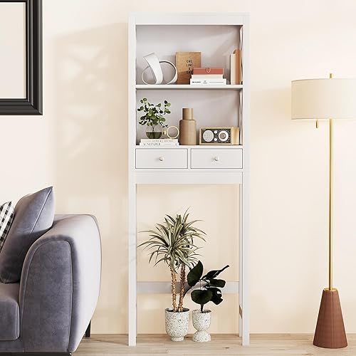 Miniatura 3 de Armario de almacenamiento sobre el inodoro, armario de baño independiente con cajones y estantes abiertos, organizador alto de baño y ahorro de