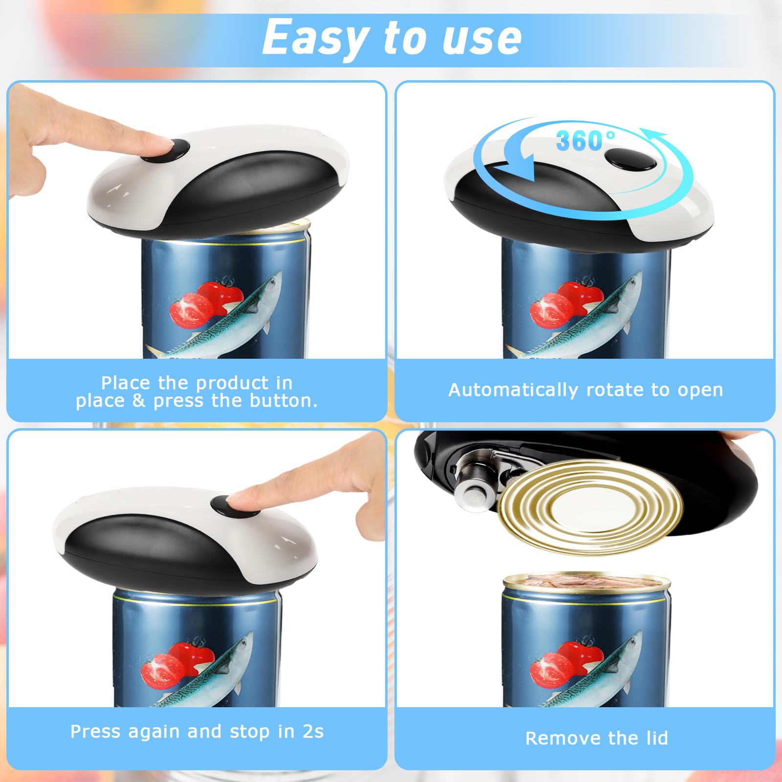 Abrelatas eléctrico recargable de un solo toque, manos libres, automático, de borde suave, para personas mayores y artritis, carga rápida USB-C, compacto para cocina, camping, todos los tamaños de