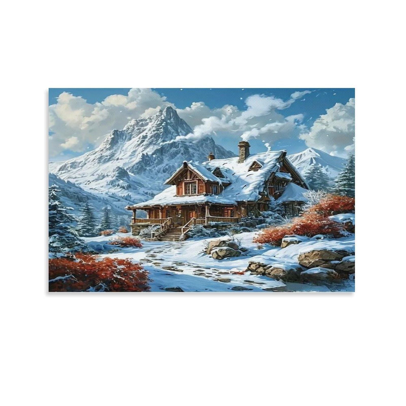 CPLVKWRQJ Snowy Mountain Cabin Single Wooden Cabin Snowy Rocky Alpine Slope Canvas Print - Office Wall Focal Art Fade Resistant Statement Piece Ready to Hang 16x24inch(40x60cm)