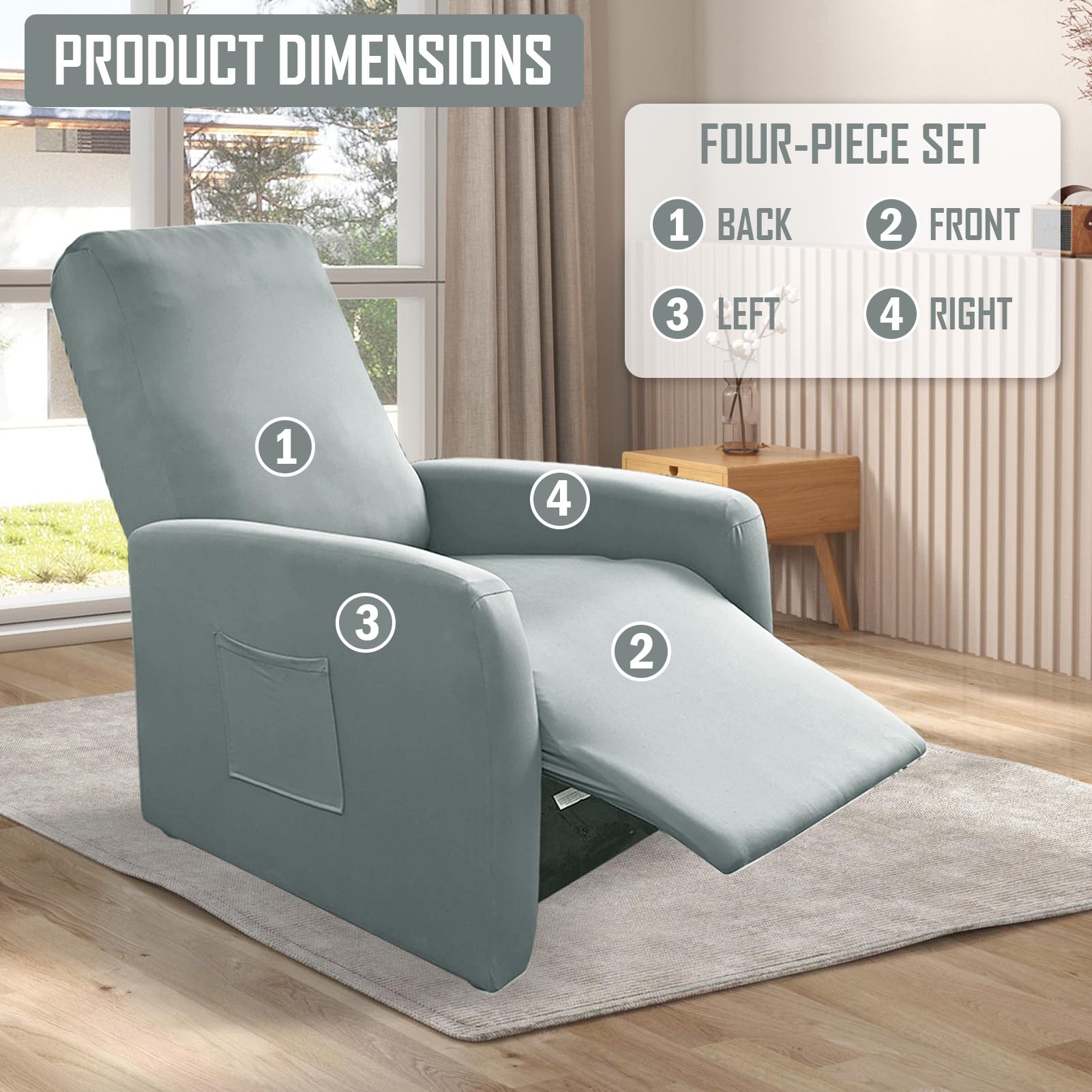 MeYuxg Copri Poltrona Relax Reclinabile a 1 Posto, Elasticizzato Copripoltrona Relax Reclinabile con Tasche, Impermeabile Copri Poltrona Totale, per Poltronas Relaxs e TV(Grigio Chiaro, 4 Pezzi)