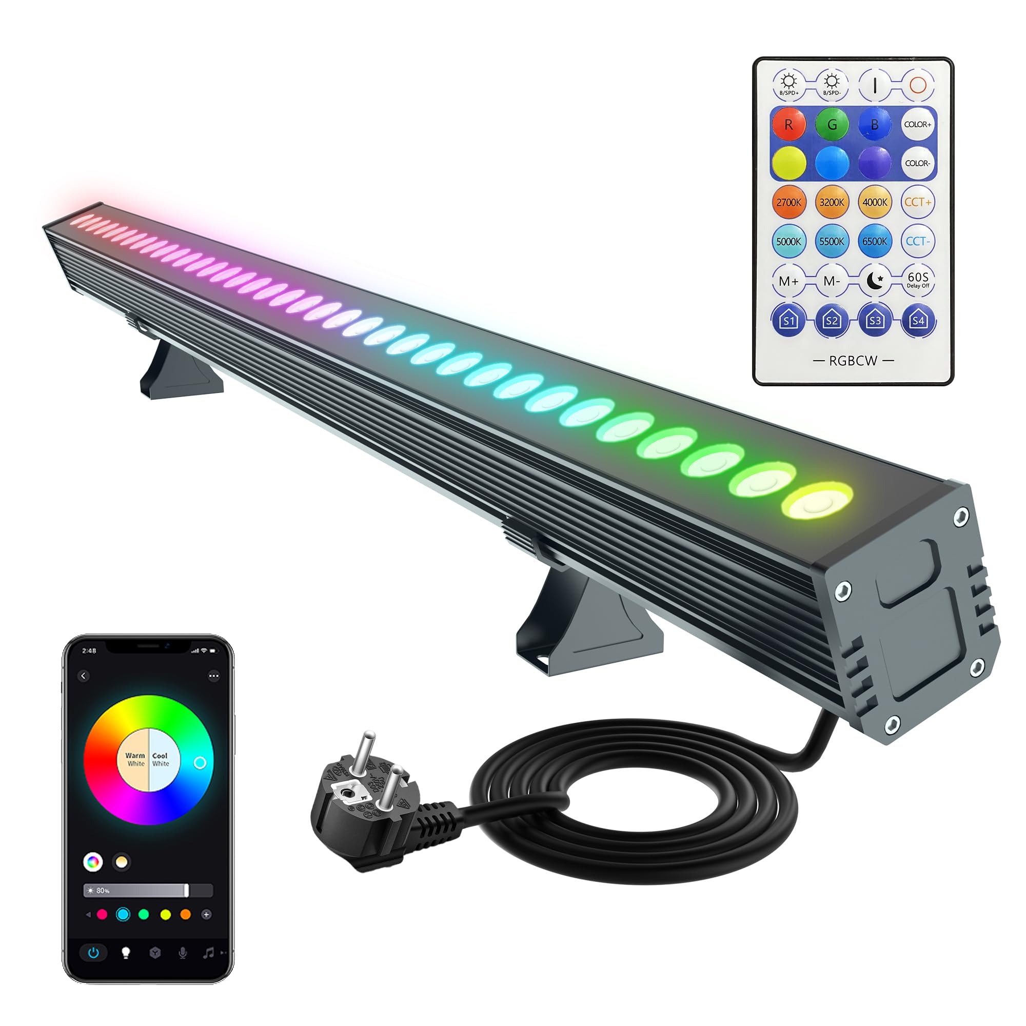 Faretto da Esterno 180W, Barra LED RGBCW con Telecomando e APP WLAN, Intelligente Dimmerabile Faro LED RGB+CCT che Cambia Colore, IP65 Impermeabile Faretti RGB per Giardini, Cortili, Festa