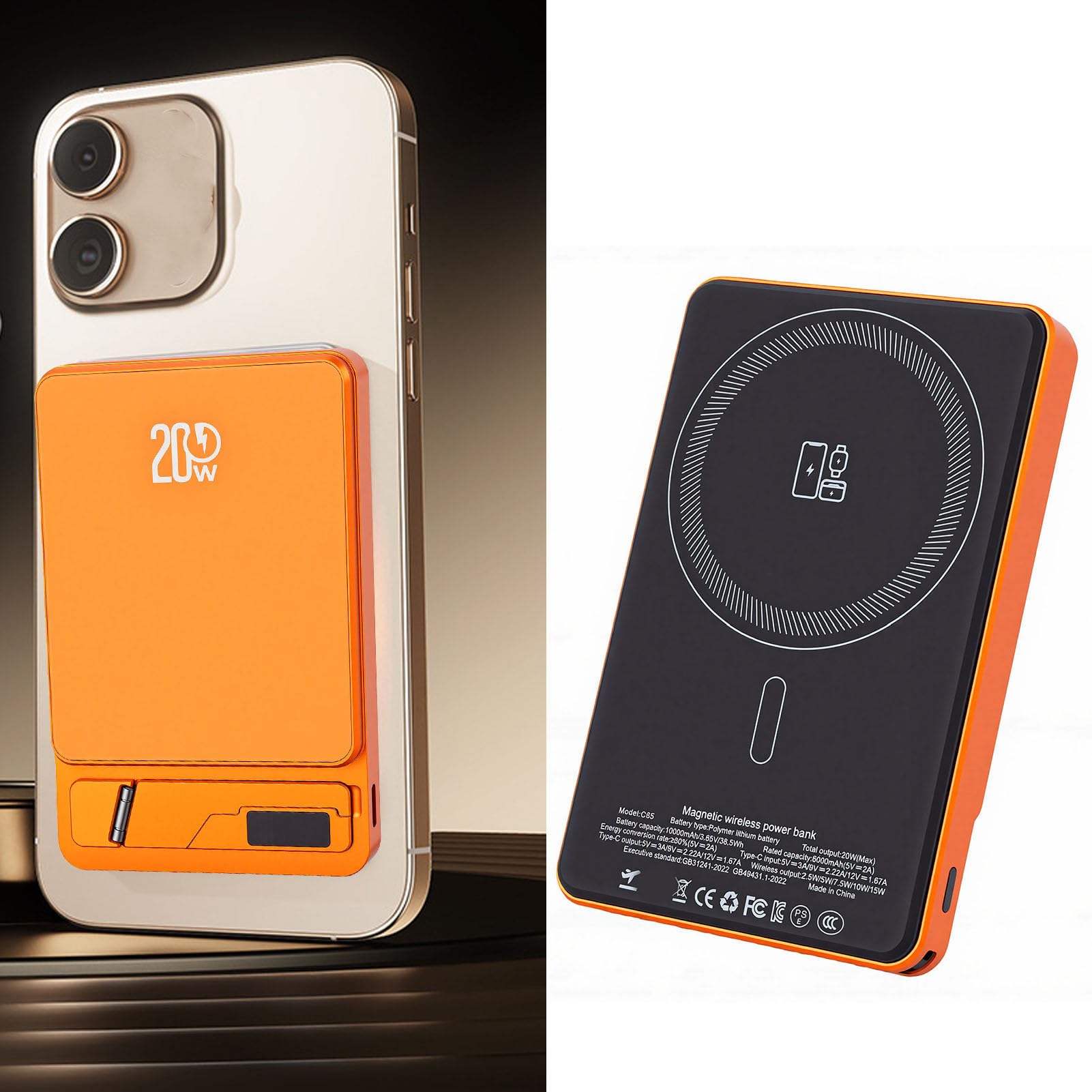 Batterie Externe Magnétique sans Fil 3 en 1, Chargeur Portable 10 000 MAh avec Charge Rapide PD 20 W, Charge sans Fil 15 W, écran LCD et Support intégré, pour Smartphones (Orange)