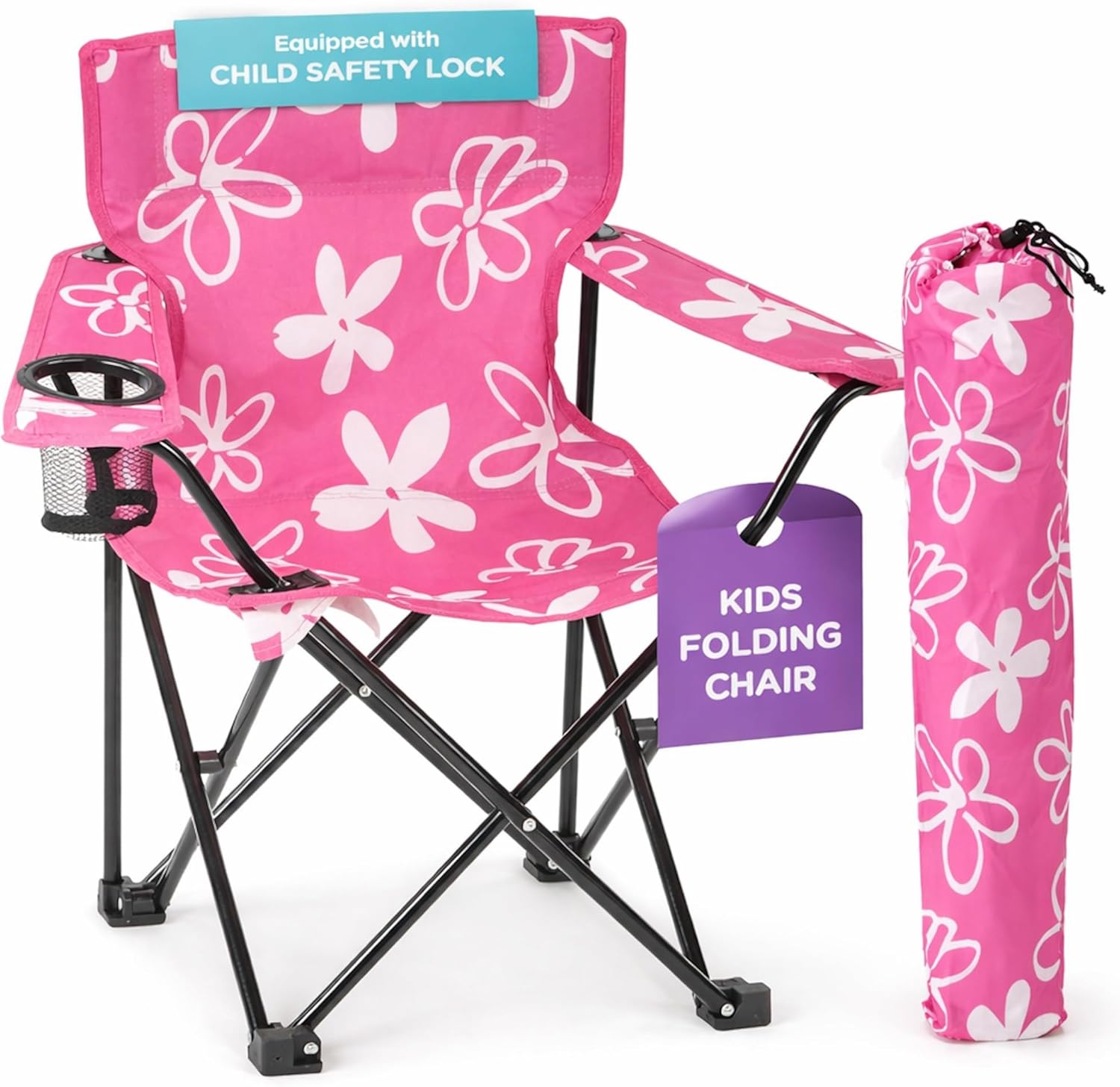 Emily Rose Kids Pink Folding Beach Camp Chair with Cup Holder Safety Lock & Carry Case - Toddler Girls Chair Ages 2-7 Indoor Outdoor Lightweight Portable - Floral Design 125lb Capacity
