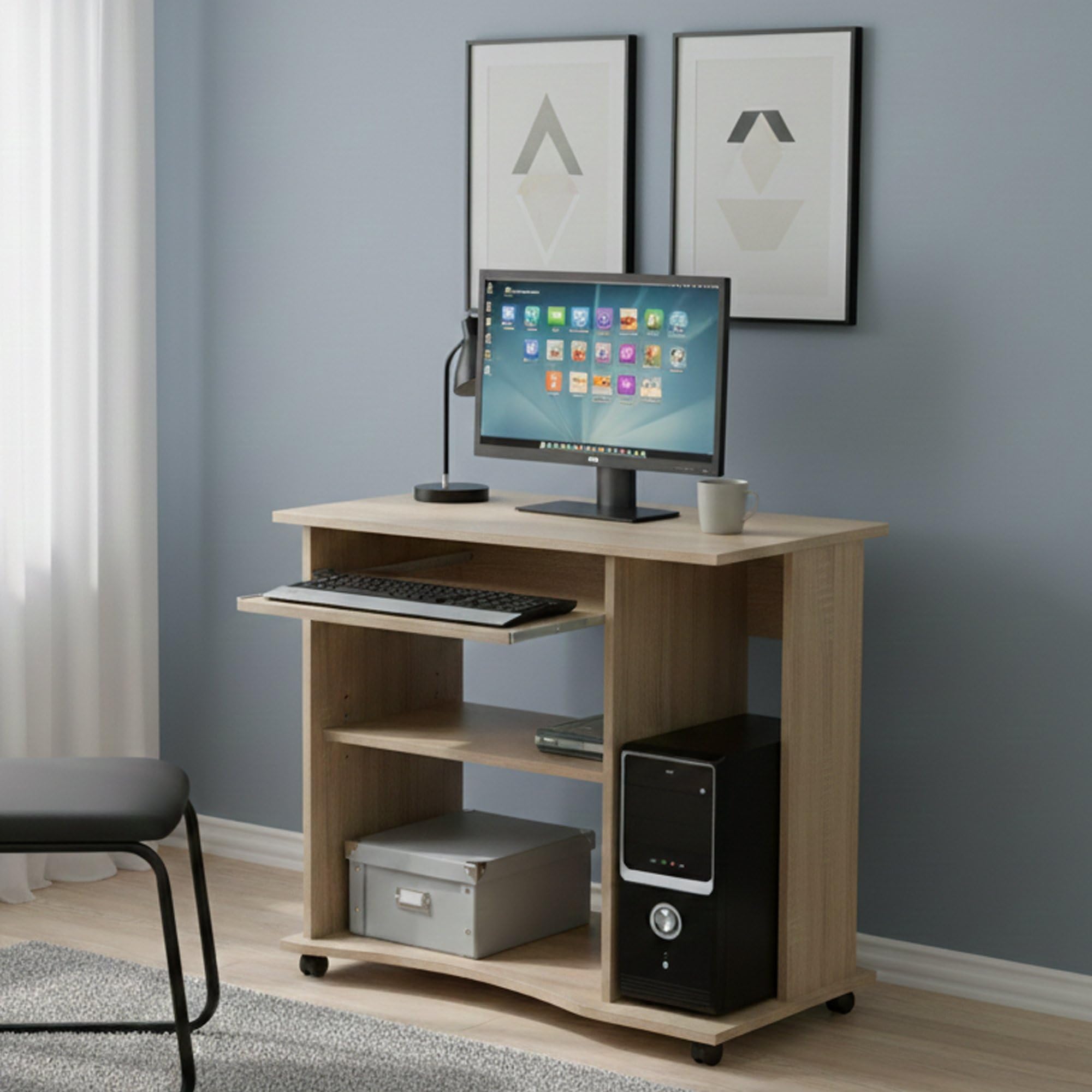 Inter Link – Schreibtisch – Laptoptisch – Computertisch - Auf Rollen – Ausziehbare Schublade – Mini Bürotisch – Laminatbeschichtet – 80 x 50 x 75cm - Sonoma Eiche Nachbildung– Durini