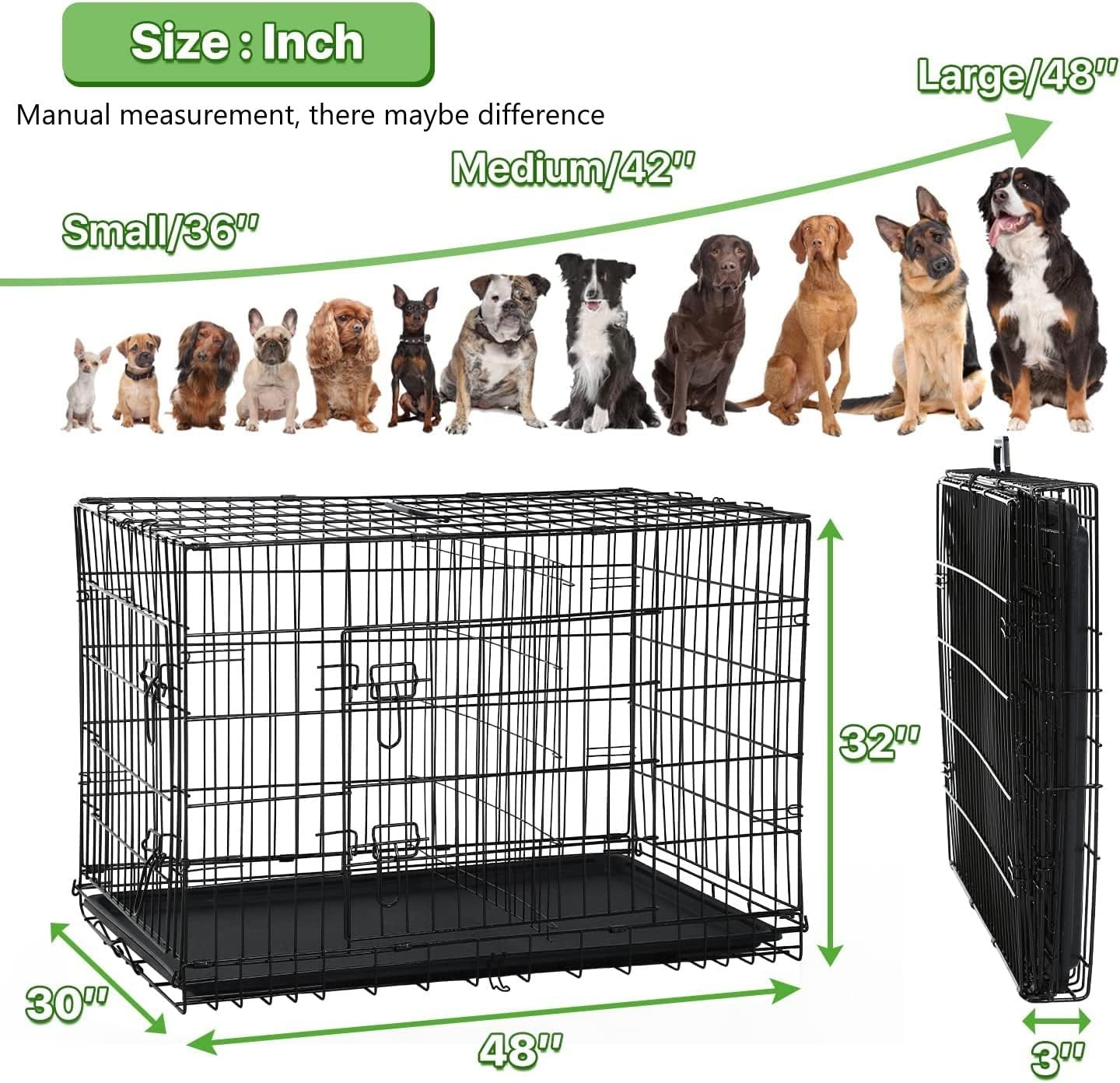 HHS Large Dog Crate Folding Dog Cage Kennel 48 Inch Metal Wire Double-Door Pet Cage for Dogs Heavy Duty Pet Animal Crates with Plastic Tray and Handle for Indoor Outdoor Travel,Black