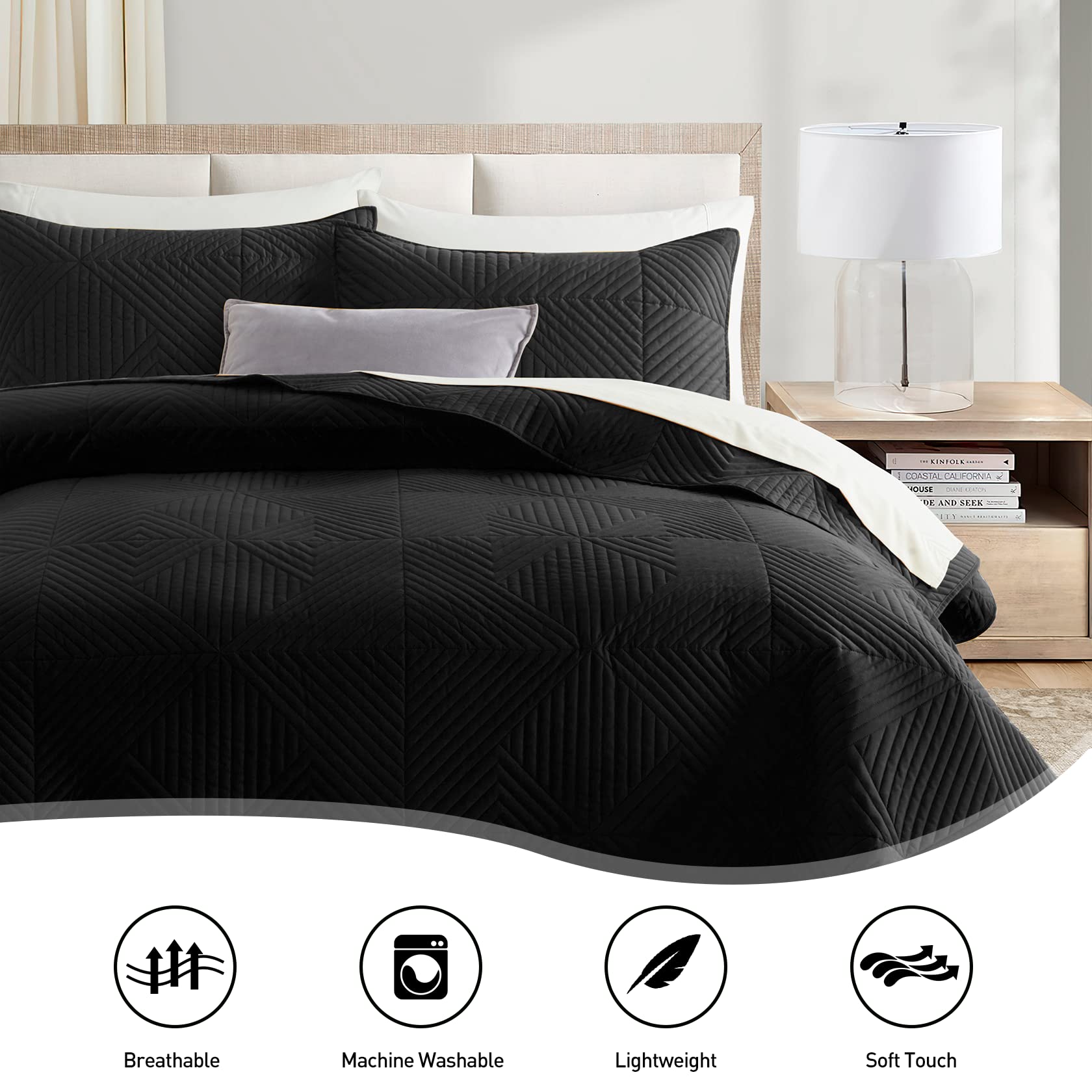 Lavsiry Black Quilt Bedding Set King Size, Summer Lightweight Large ...