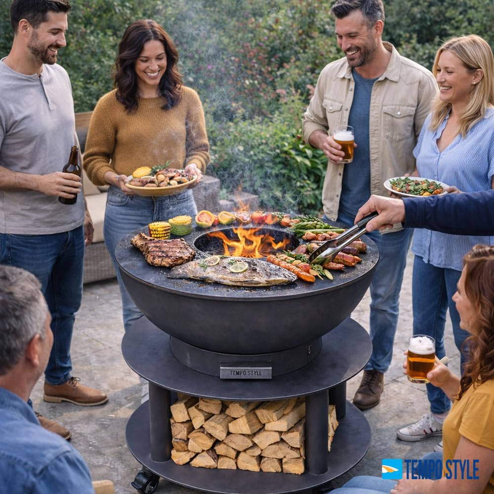 Grill na drewno i węgiel drzewny Stromboli | Okrągły grill ze stali Corten do użytku na zewnątrz i do ogrodu, z grillem do gotowania ze stali nierdzewnej 316 sp.1 cm, przenośny z kółkami
