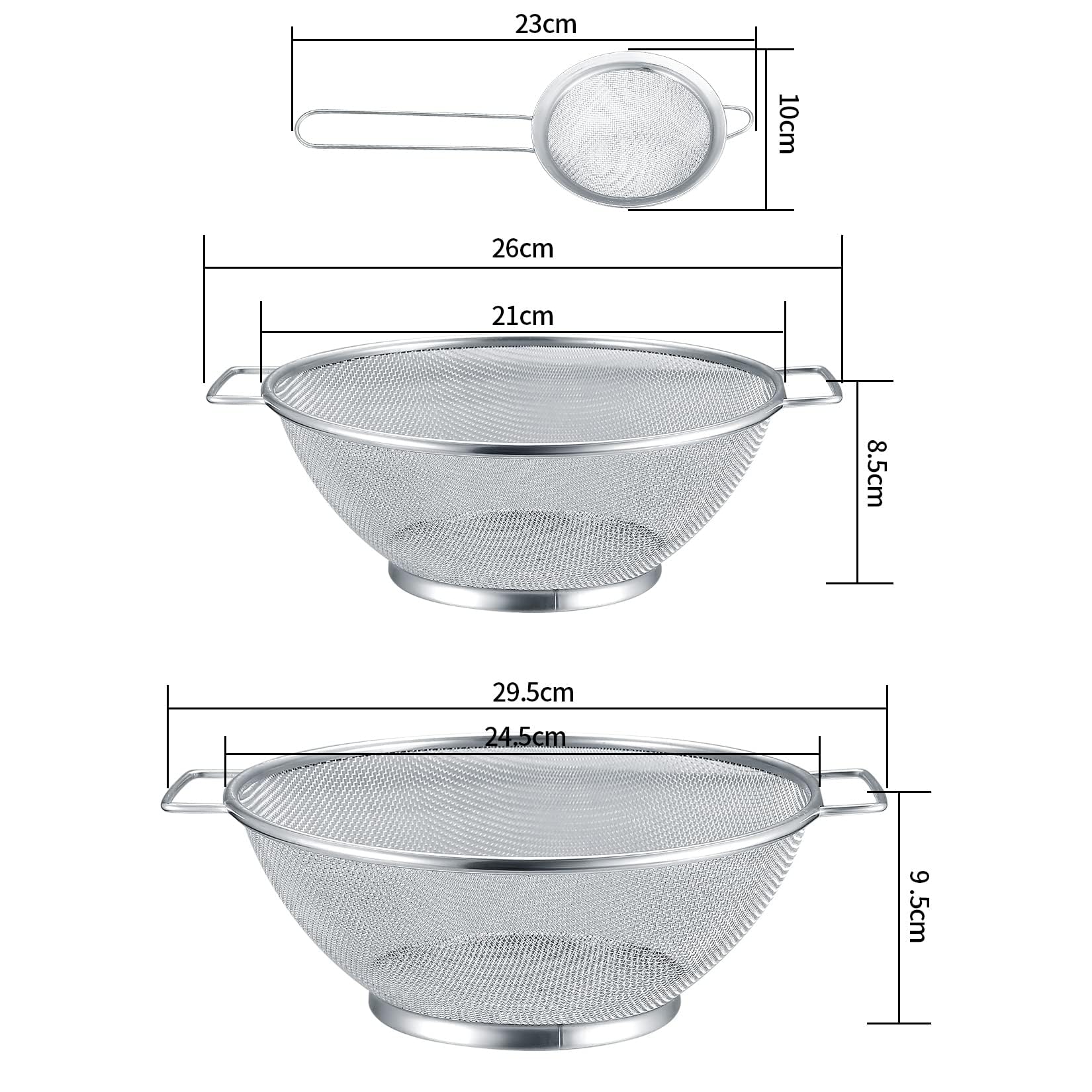 3 Piezas Colador de Malla Fina de Cocina de Acero Inoxidable, Colador Tamices Ø 24,5 cm y Ø 21,5 con 2 Asas para Pasta Verduras y Frutas, con 1 x Tamiz de Acero Inox con Mango Largo
