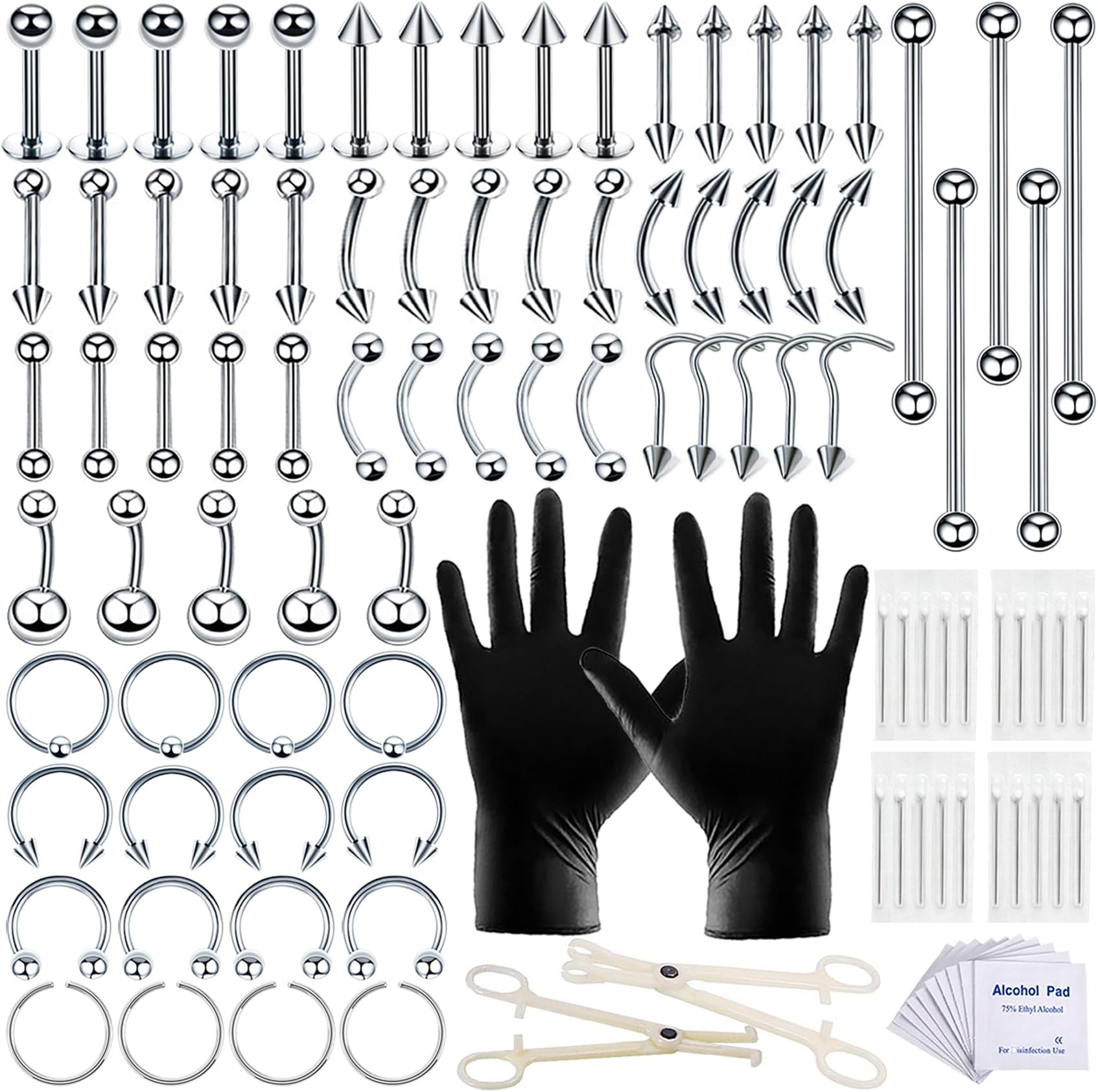 100 PCS Piercing Kit 14G 16G Nose Septum Rings Silver Piercing Jewelry for Nose Belly Button Tongue Body Piercing Tools Kit with 20 PCS 12G 14G Piercing Needle